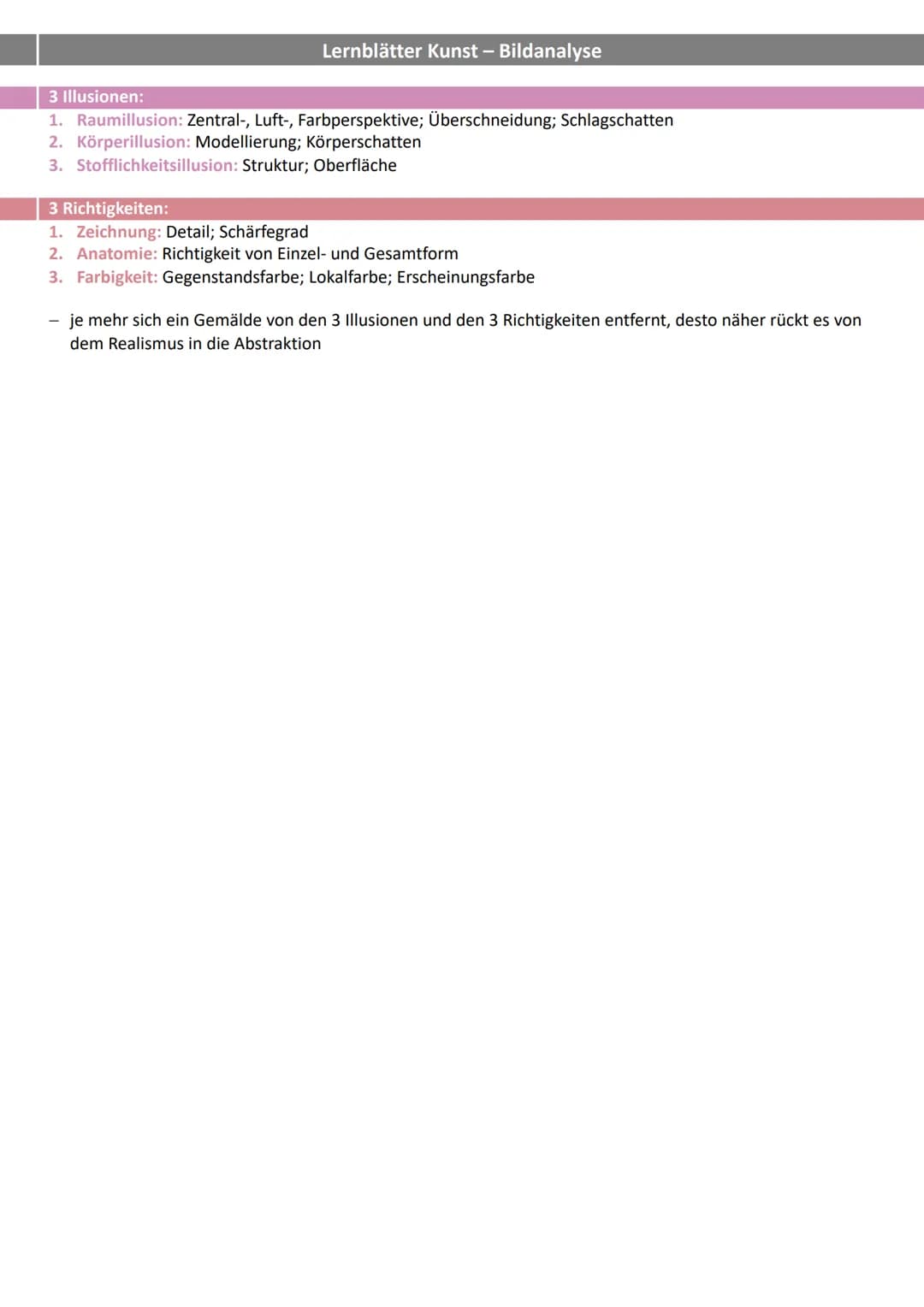 # Lernblätter Kunst - Bildanalyse
Bildbeschreibung, Analyse (Farbe, Räumlichkeit, Licht, Komposition), Interpretation

- Bildbeschreibung:
 