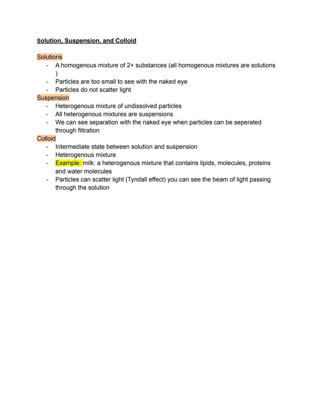 # Solution, Suspension, and Colloid

Solutions
- A homogenous mixture of 2+ substances (all homogenous mixtures are solutions
)
- Particles 