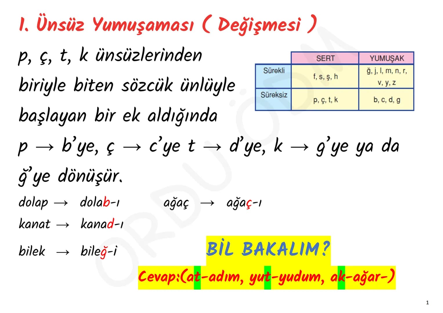 - YKS-TÜRKÇE

# SES BİLGİSİ

ORDU ÖDM # 1. Ünsüz Yumuşaması (Değişmesi)

p, ç, t, k ünsüzlerinden
biriyle biten sözcük ünlüyle
başlayan bir 