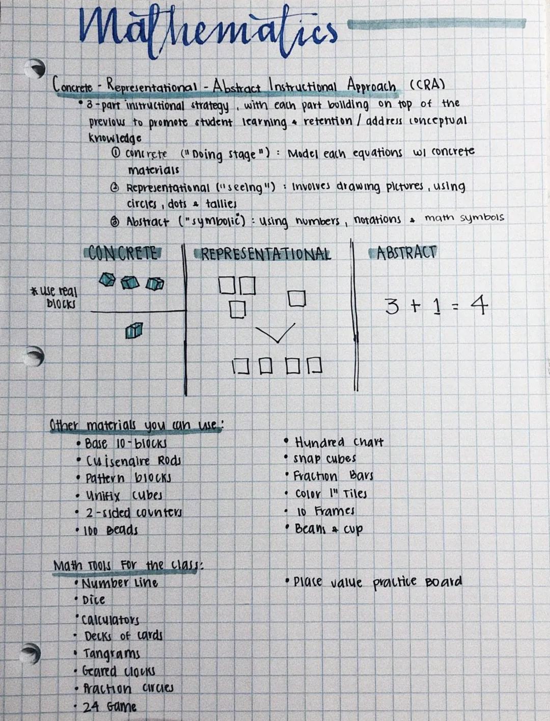 # Mathematics

Concrete - Representational - Abstract Instructional Approach (CRA)
*   3-part instructional strategy, with each part buildin