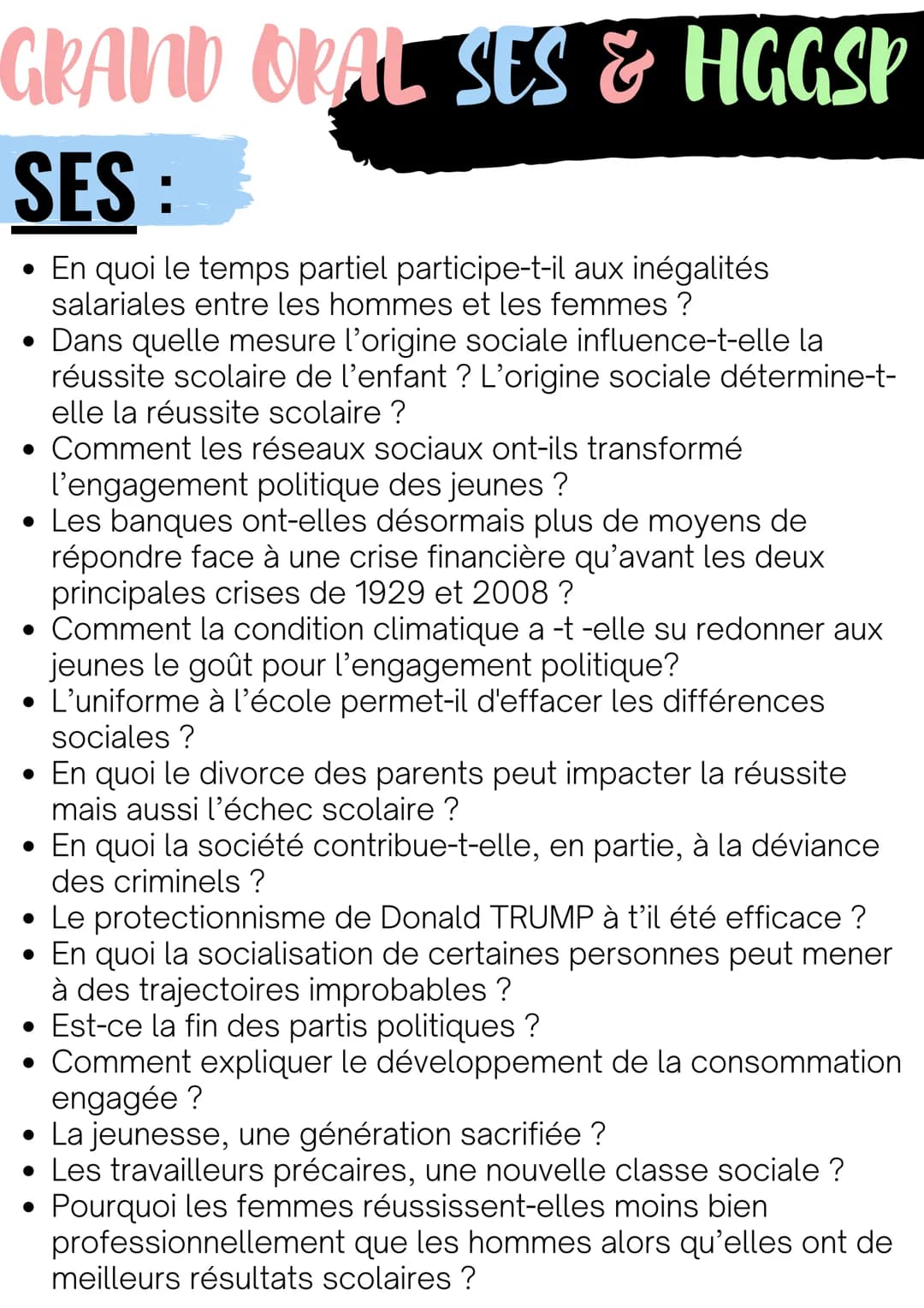 # GRAND ORAL SES & HGGSP

SES:

*   En quoi le temps partiel participe-t-il aux inégalités
salariales entre les hommes et les femmes ?
*   D