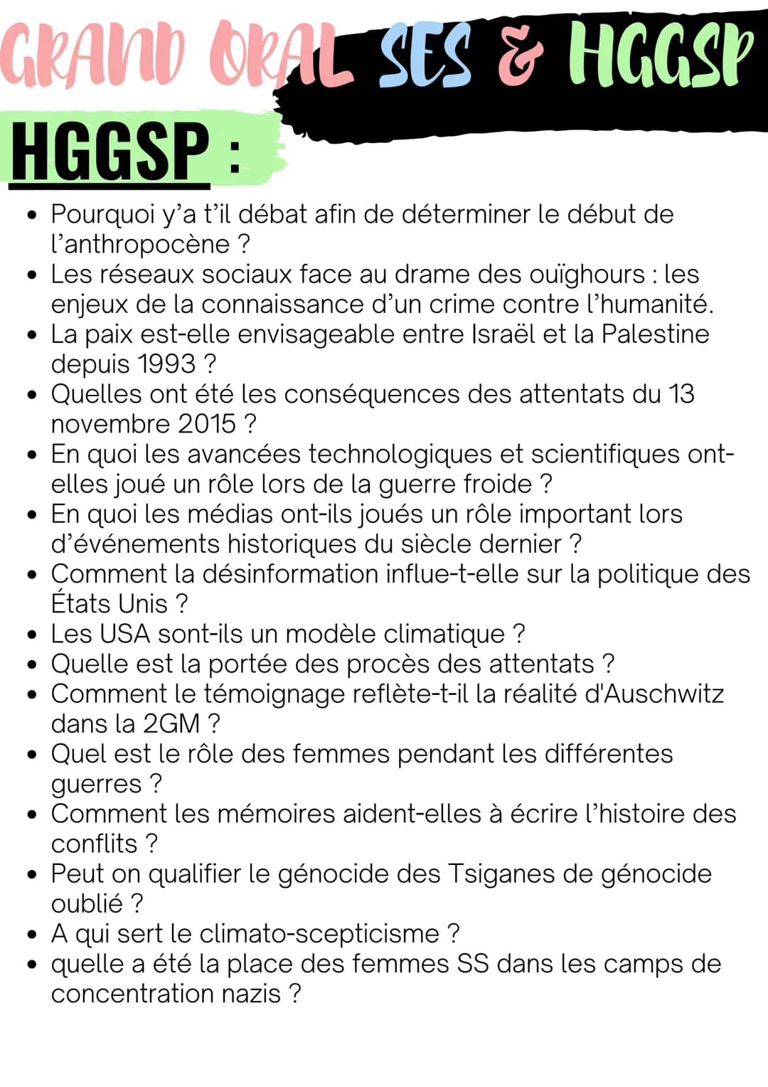 # GRAND ORAL SES & HGGSP

SES:

*   En quoi le temps partiel participe-t-il aux inégalités
salariales entre les hommes et les femmes ?
*   D