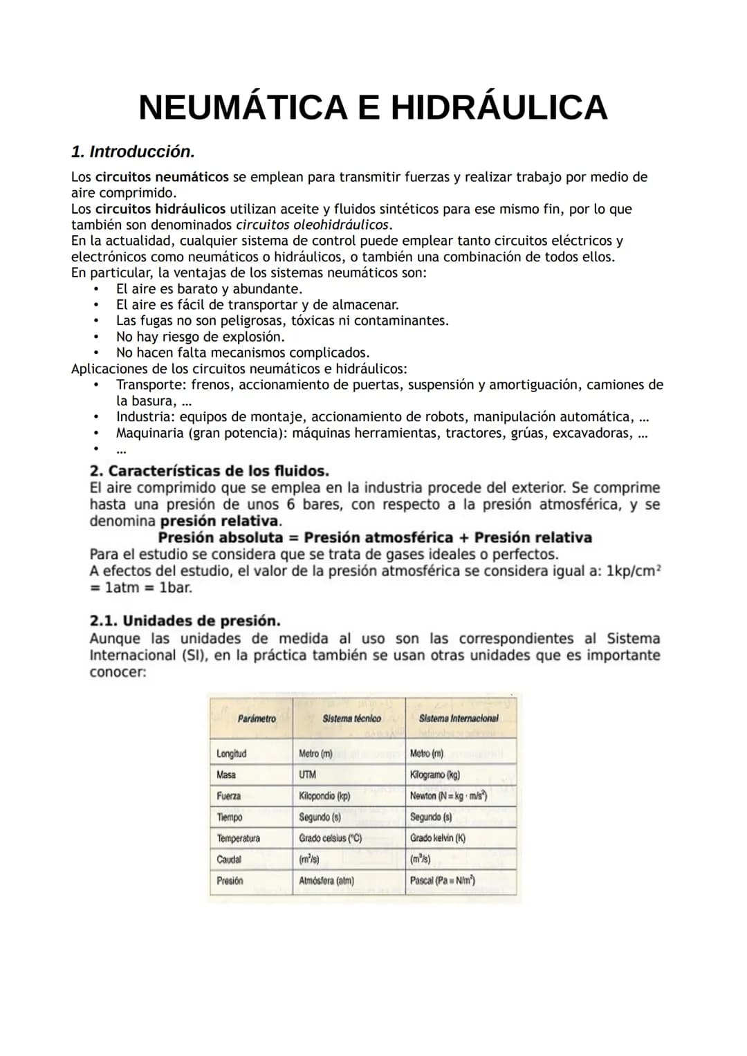 # NEUMÁTICA E HIDRÁULICA

1. Introducción.

Los circuitos neumáticos se emplean para transmitir fuerzas y realizar trabajo por medio de
aire