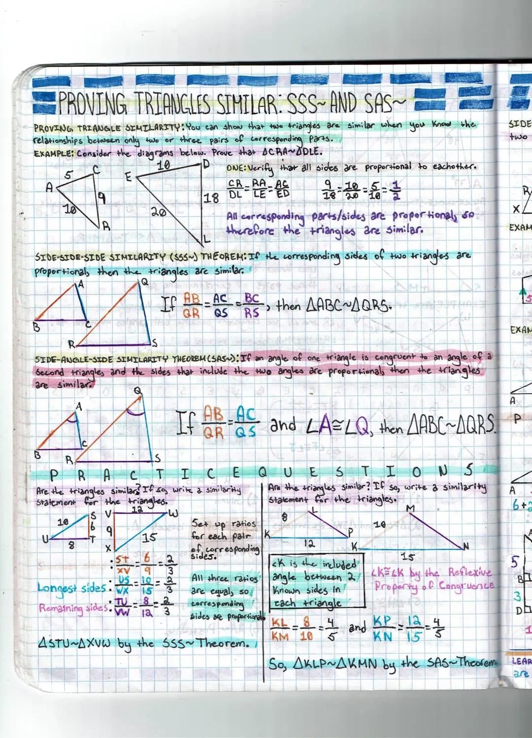 # PROVING TRIANGLES SIMILAR: SSS~AND SAS~

PROVING TRIANGLE SIMILARITY: You can show that two triangles are similar when you know the
relati