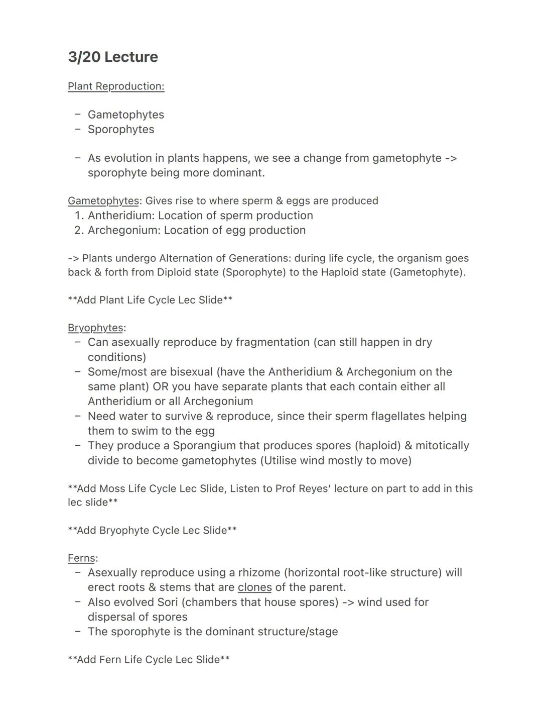 3/20 Lecture

Plant Reproduction:
- Gametophytes
- Sporophytes

- As evolution in plants happens, we see a change from gametophyte ->
sporop