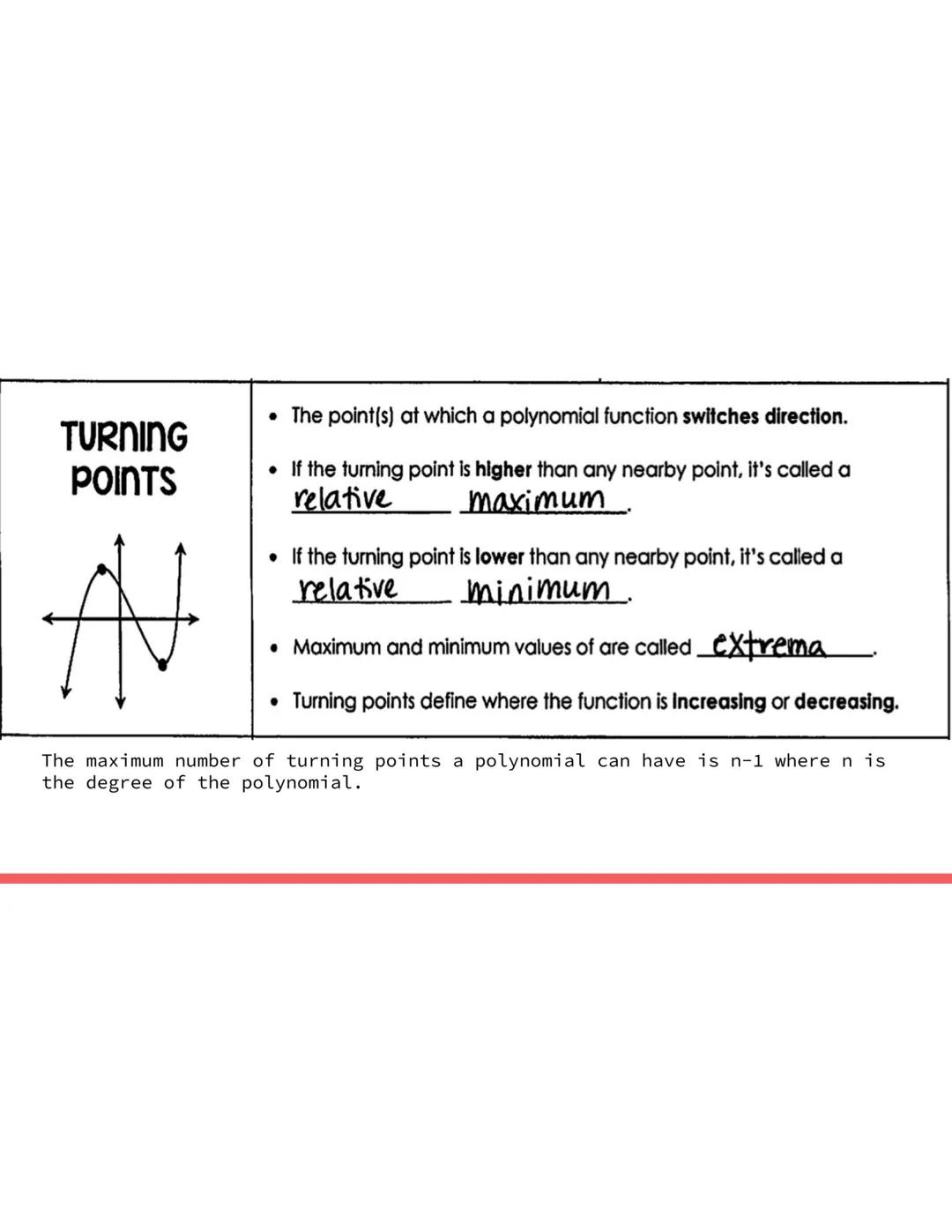 Main Ideas/Questions Notes/Examples

A polynomial function is a function of the form:

POLYNOMIAL
FUNCTION
$f(x) = a_nx^n + a_{n-1}x^{n-1} +