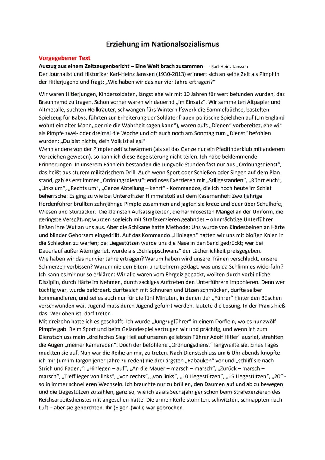 # Erziehung im Nationalsozialismus

Vorgegebener Text

Auszug aus einem Zeitzeugenbericht - Eine Welt brach zusammen - Karl-Heinz Janssen

D