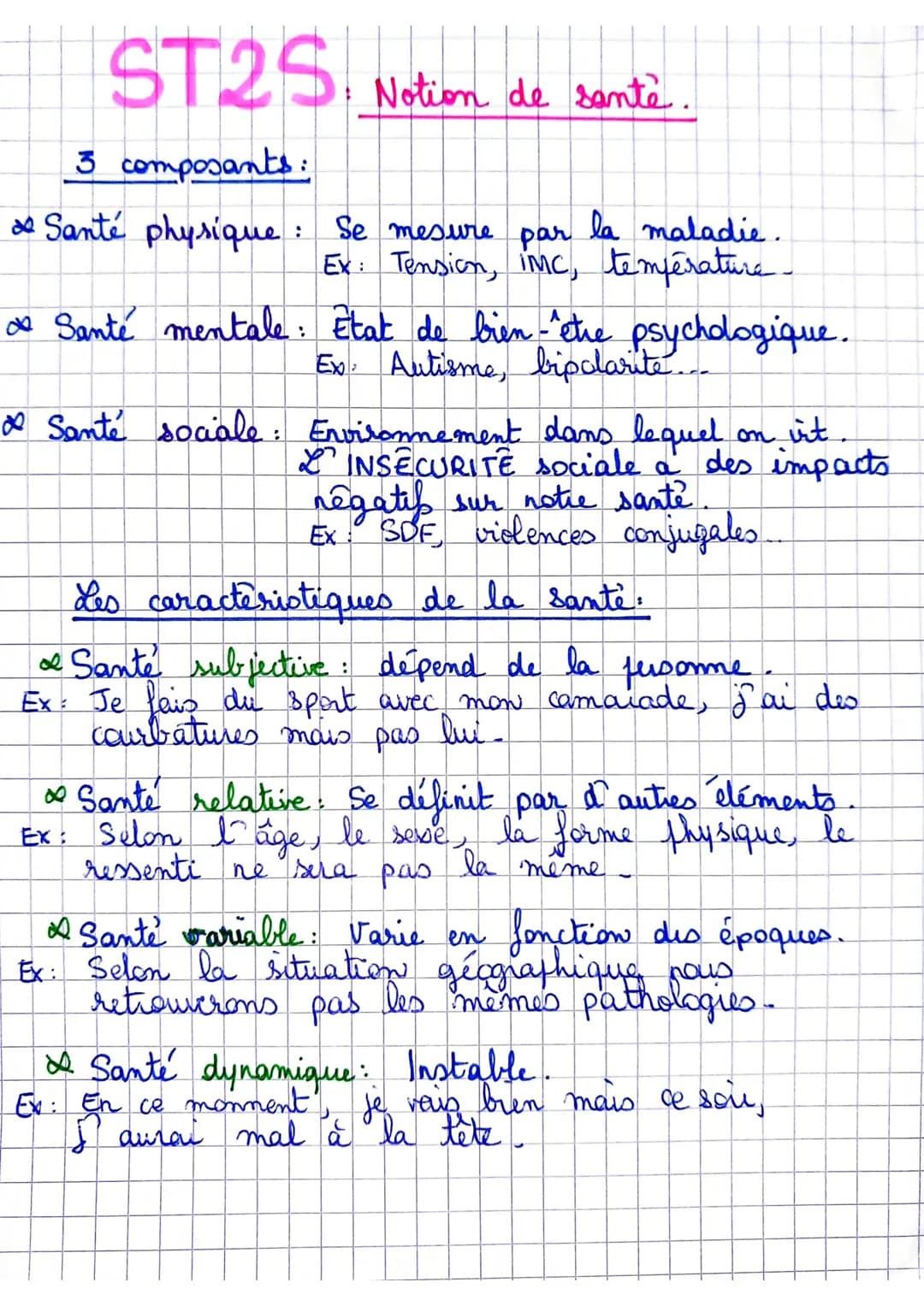 # ST2S, Notion de santè.

3 composants:

*   Santé physique: Se mesure par la maladie.
    Ex: Tension, IMC, température.

*   Santé mentale