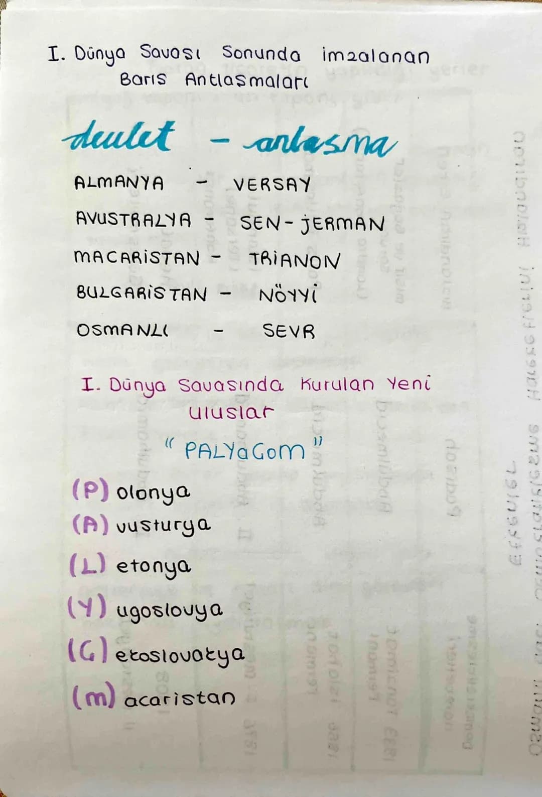 I. Dünya Savası Sonunda imzalanan
Baris Antlaşmaları

deulet - anlasma
ALMANYA - VERSAY
AVUSTRALYA - SEN-JERMAN
MACARISTAN - TRIANON
BULGARI
