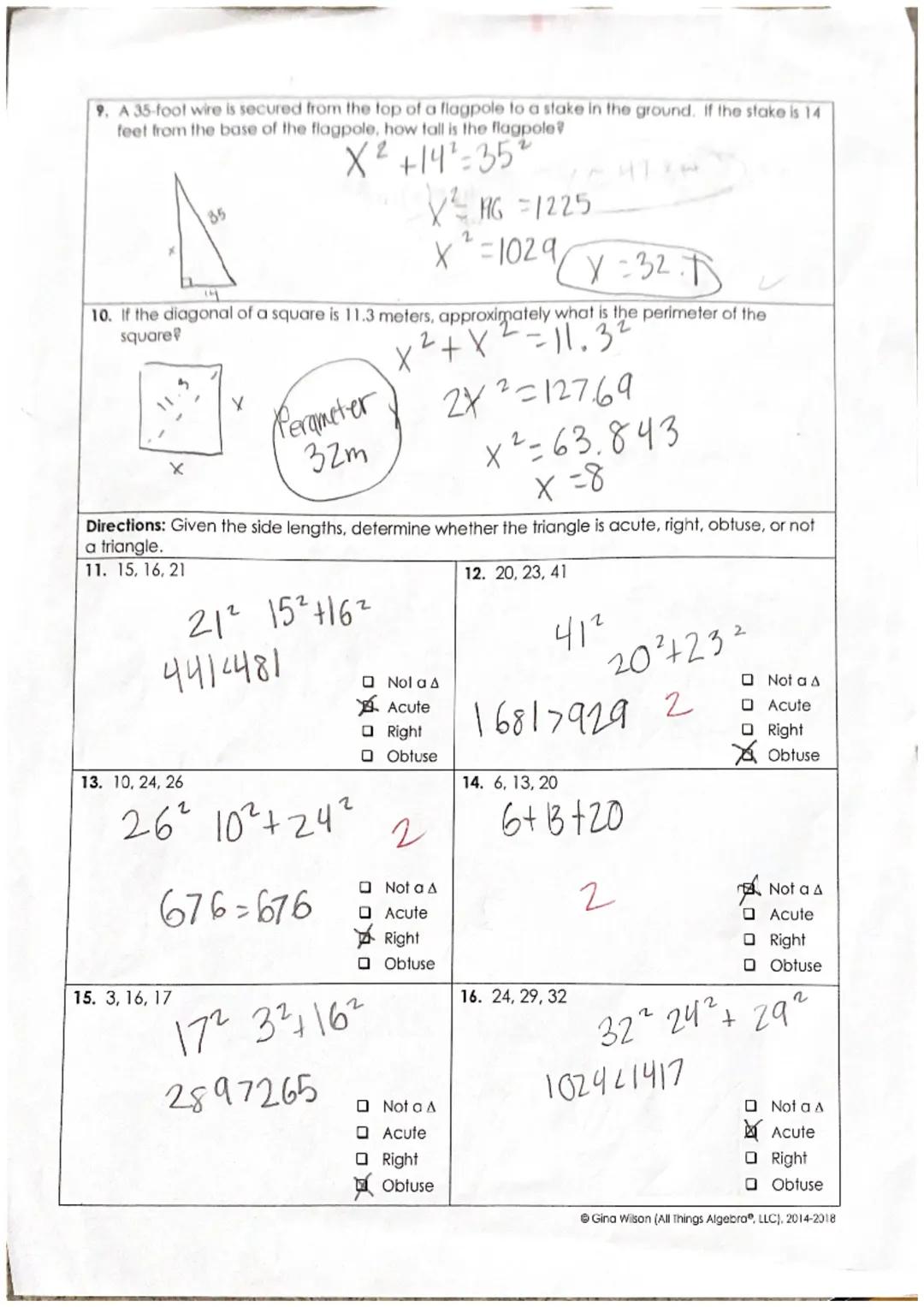 Name: •Videt Freeman.
Date: Per:
Unit 7: Right Triangles & Trigonometry
Homework 1: Pythagorean Theorem
and its Converse
**This is a 2-page 