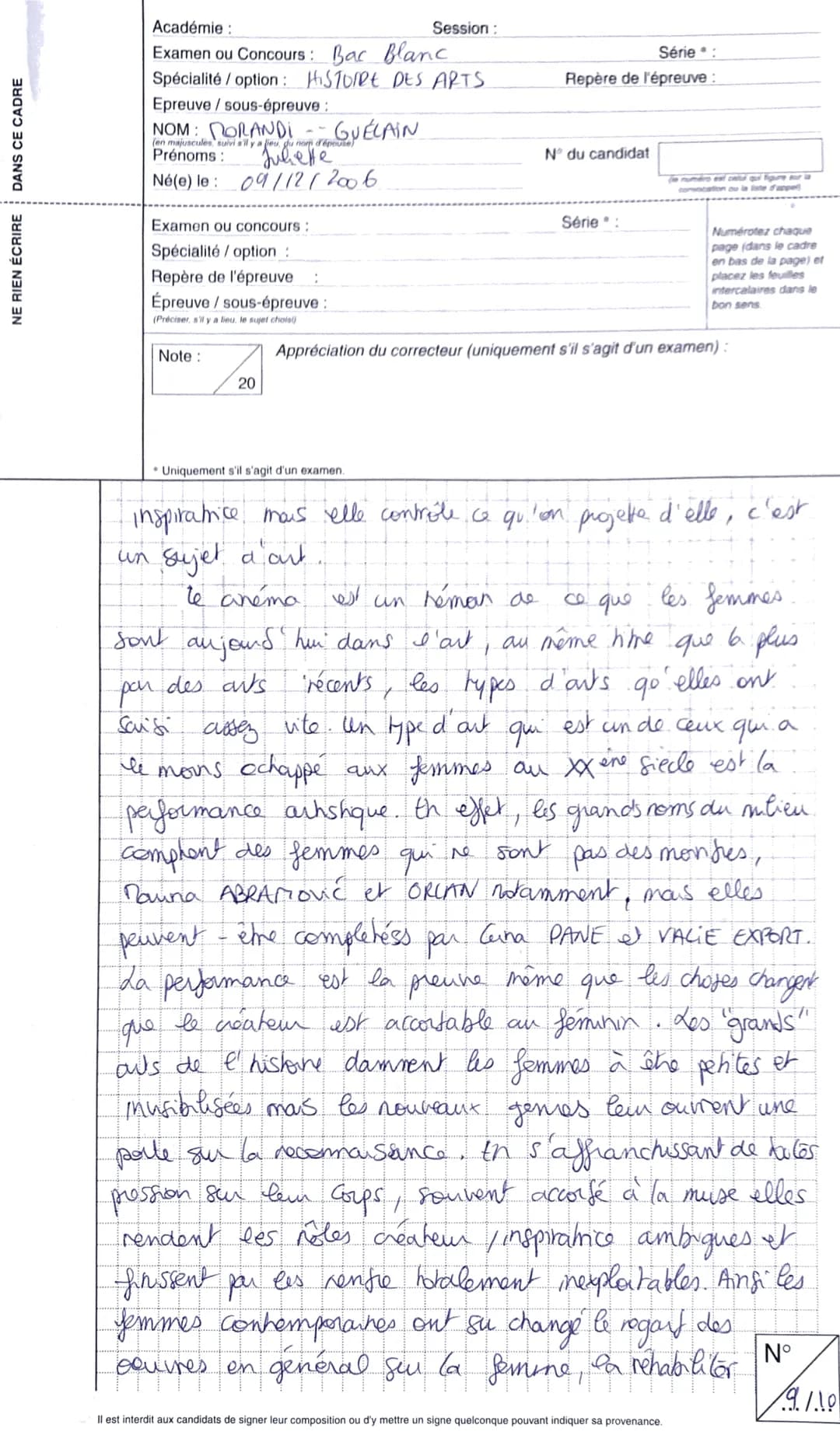 # NE RIEN ÉCRIRE

# DANS CE CADRE

Académie: Paiens

Examen ou Concours: Bac Blanc

Session:

Spécialité/option: Histoire des arts.

Epreuve