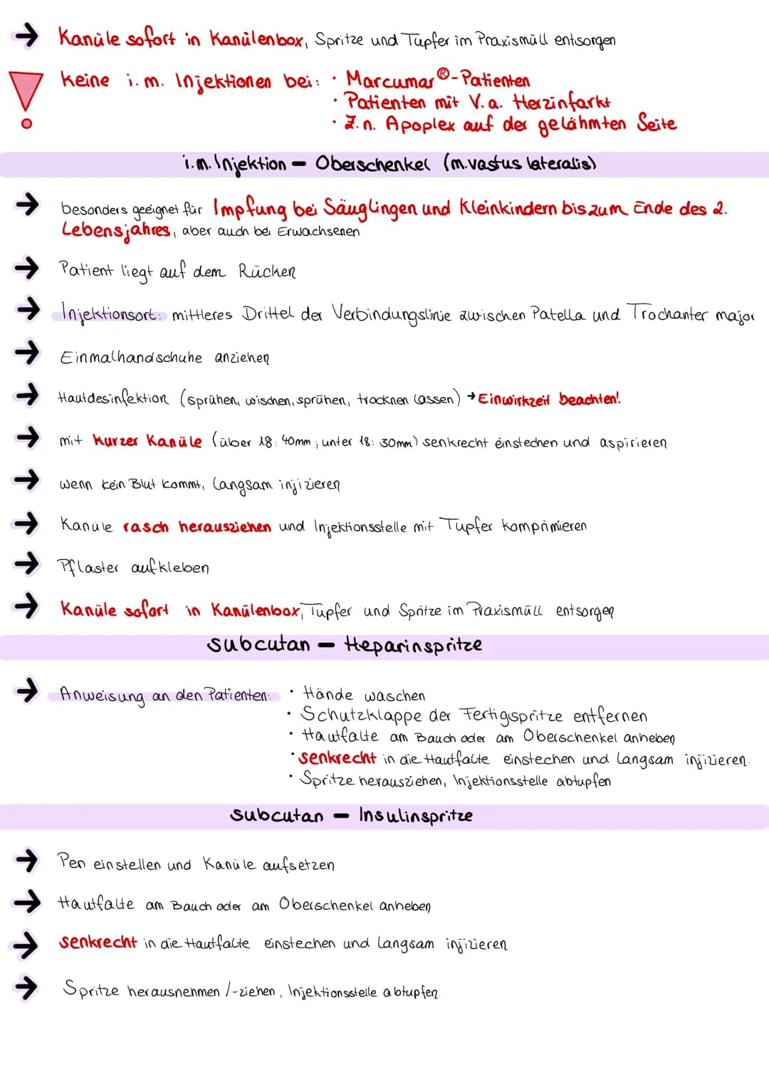 # Injektionen

## Vorbereitung

$
\rightarrow$ Materialien Medikamentenampulle (auf Haltbarkeit überprüfen)
$
\rightarrow$ 2 Kanülen (Aufzie