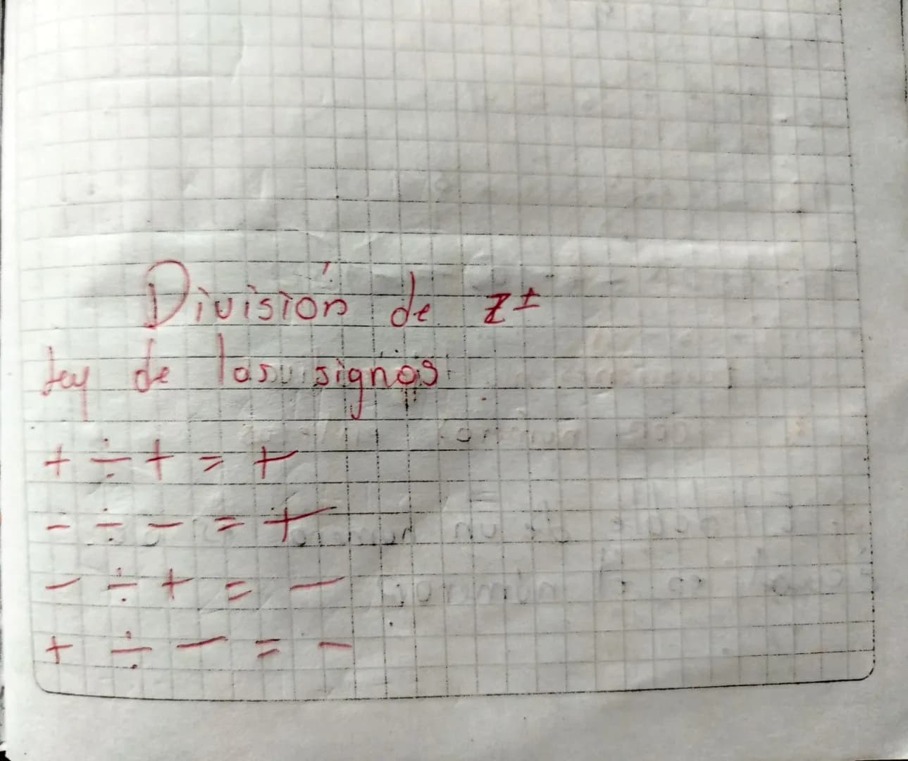 # Division de $Z^{\pm}$

ley de las signos

$\frac{+}{+} = +$

$\frac{-}{-} = +$

$\frac{-}{+} = -$

$\frac{+}{-} = -$ Scribe

Ejercicios di