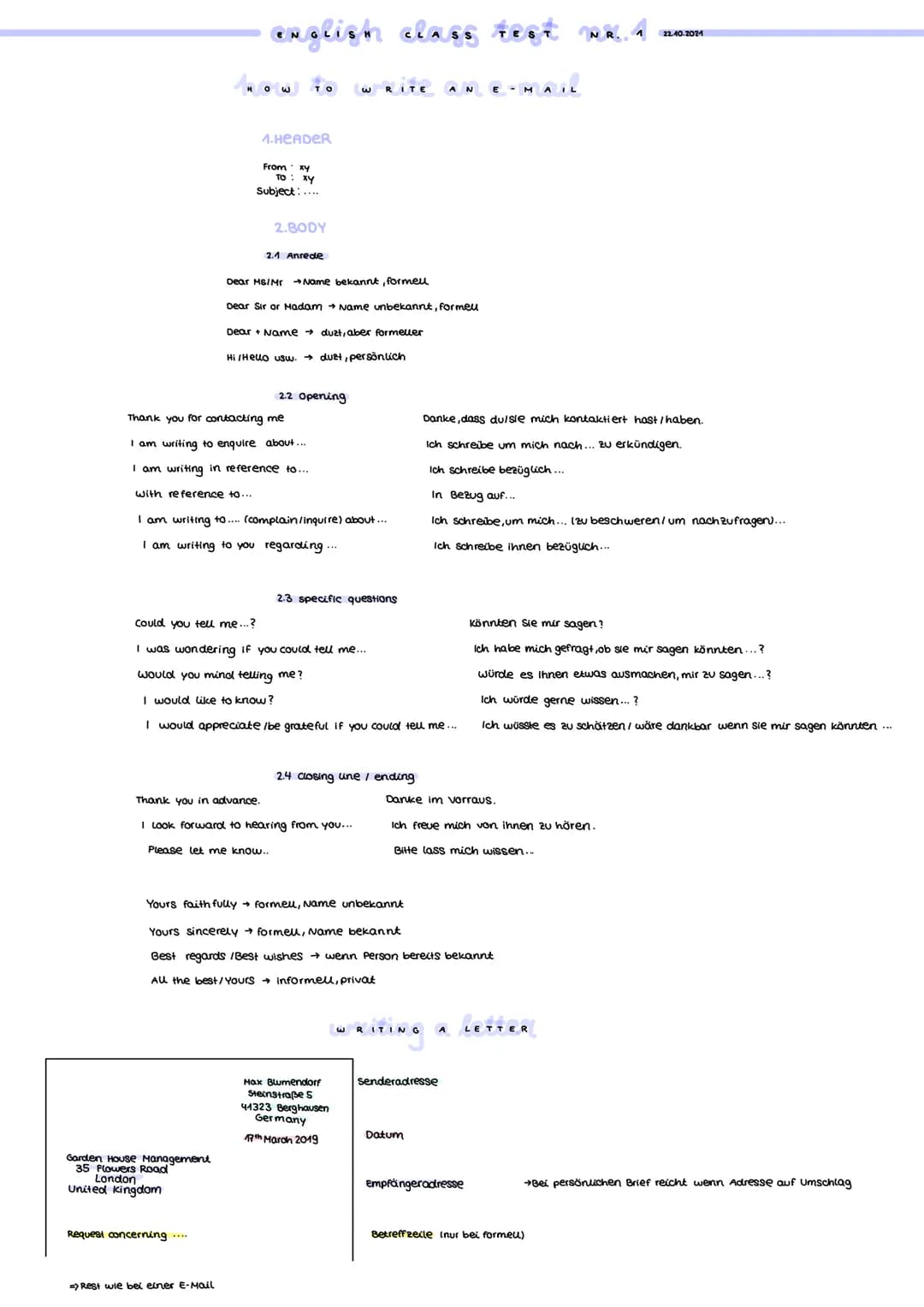 # english class Fest NR.4 пони

# How To WRITE AN E-MAIL

1. HEADER

From
Subject:....

2.BODY

2.1 Anrede

Dear Ms/MrName bekannt, formell
