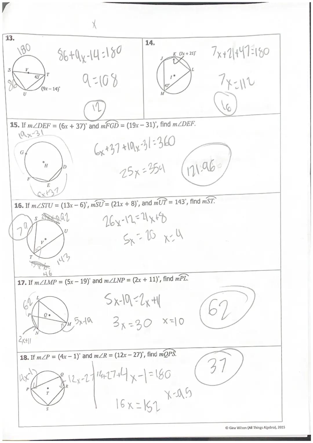 Name:
Date: Bell:
Unit 10: Circles
Homework 4: Inscribed Angles

** This is a 2-page document! **

Directions: Find each angle or arc measur
