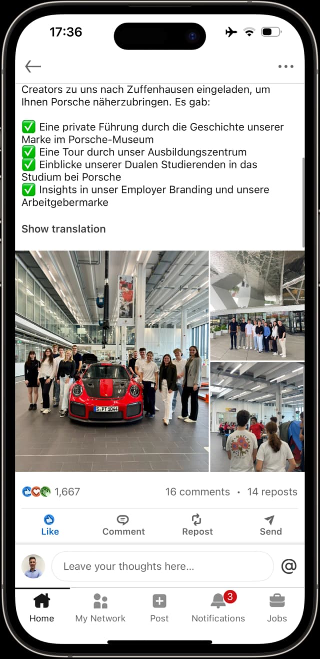 LinkedIn post Porsche x Knowunity