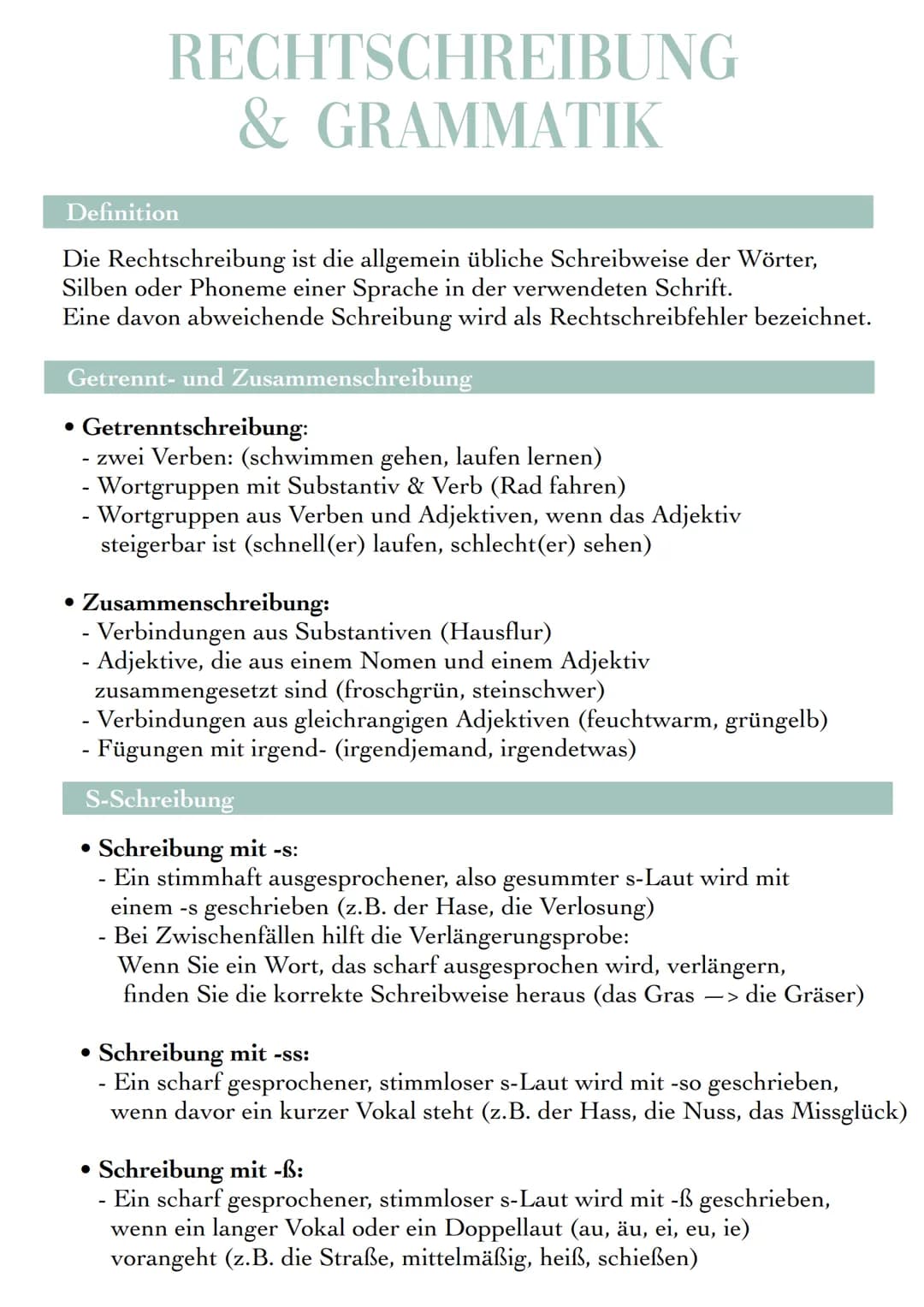 # RECHTSCHREIBUNG
& GRAMMATIK
Definition
Die Rechtschreibung ist die allgemein übliche Schreibweise der Wörter,
Silben oder Phoneme einer