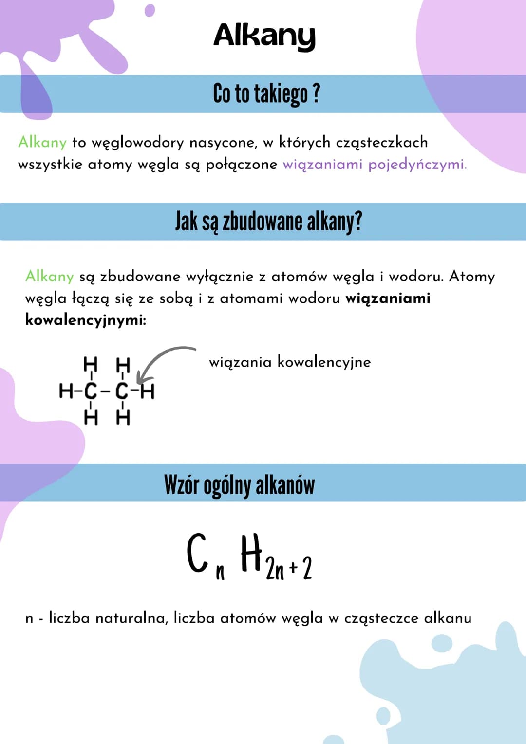 # Alkany
## Co to takiego?
Alkany to węglowodory nasycone, w których cząsteczkach
wszystkie atomy węgla są połączone wiązaniami pojedyńczy