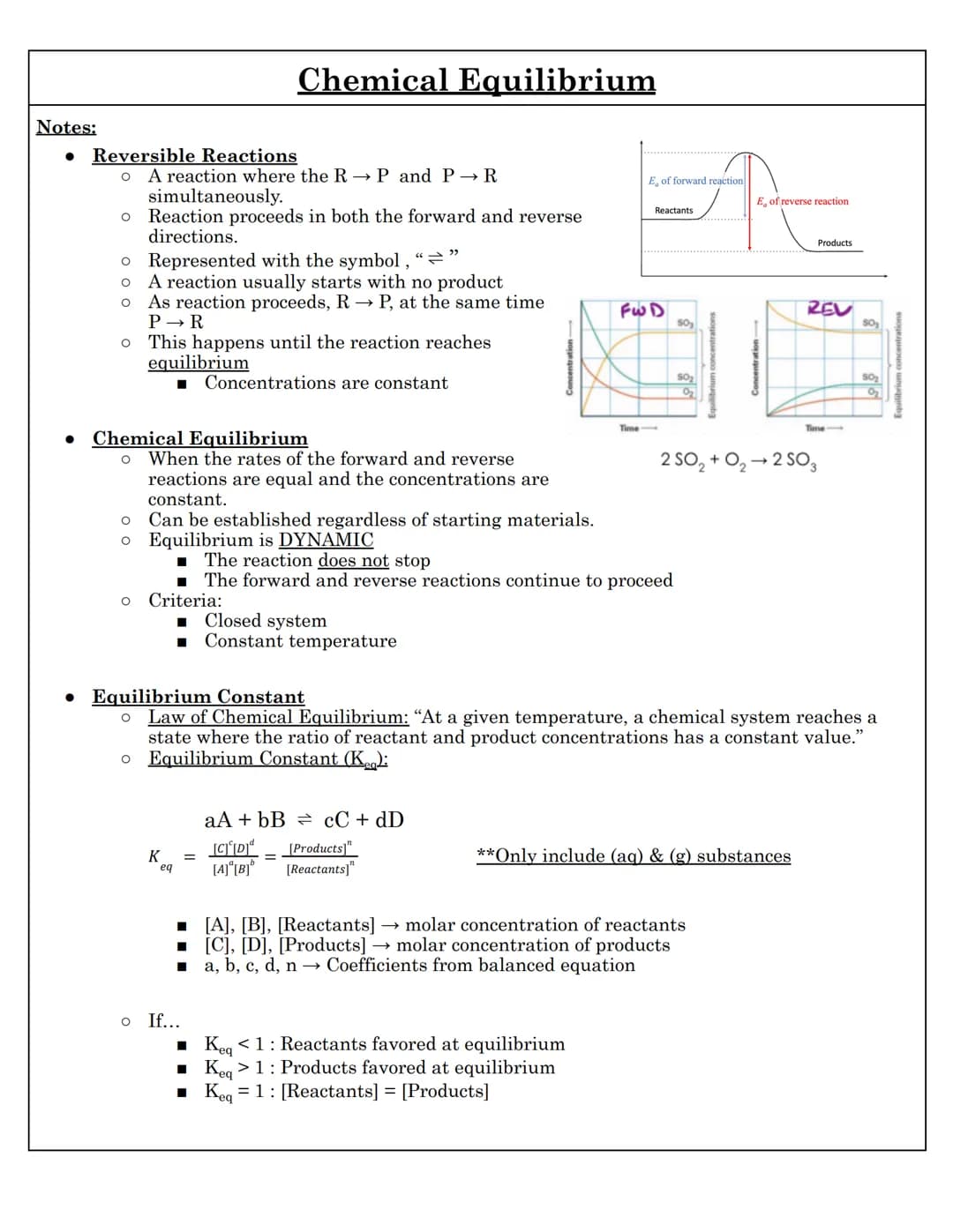 # Chemical Equilibrium
Notes:
• Reversible Reactions
• A reaction where the R → P and P → R
simultaneously.
• Reaction proceeds in both