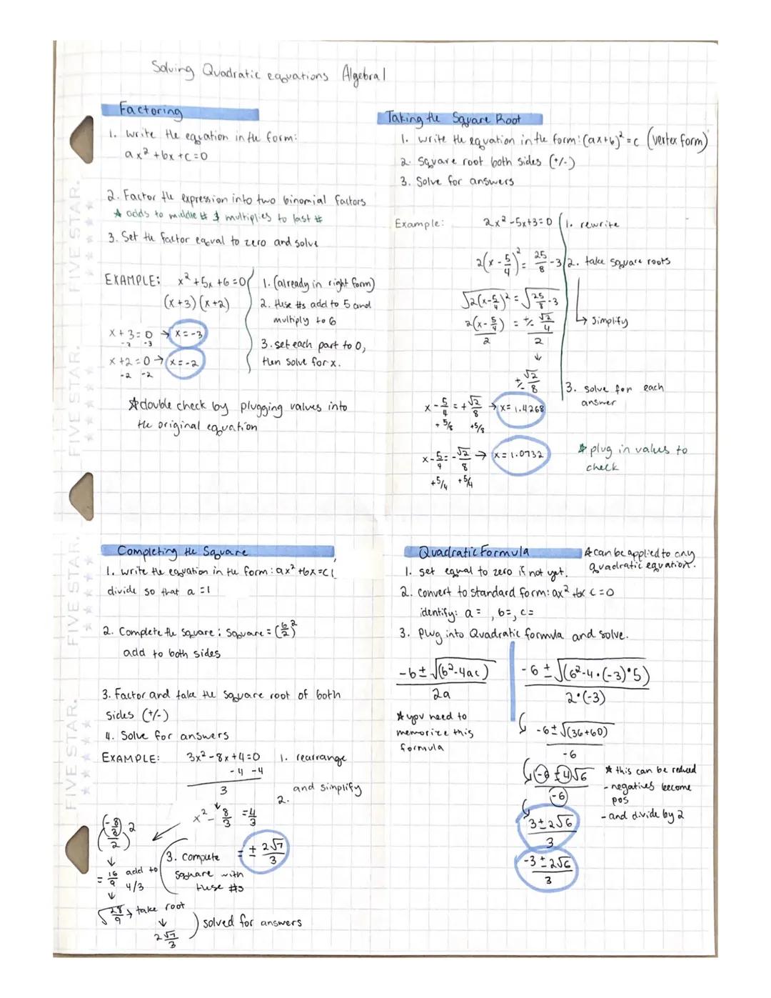 # Solving Quadratic eaquations Algebral
## Factoring
1. write the equation in th form:
$ax^2+bx+c=0$
2. Factor the expression into two bi