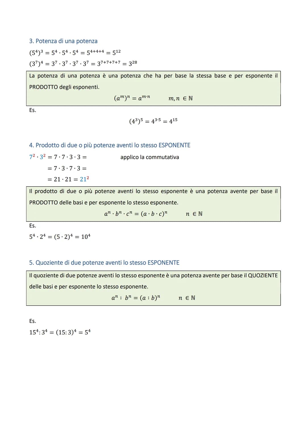 # Le potenze
Def.
Si chiama POTENZA il prodotto di n (n∈N) fattori tutti uguali fra loro. Il fattore che si ripete è
chiamato BASE, il num