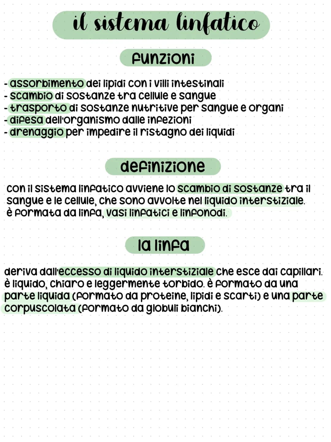 # il sistema linfatico
## funzioni
- assorbimento dei lipidi con i villi intestinali
- scambio di sostanze tra cellule e sangue
- trasporto