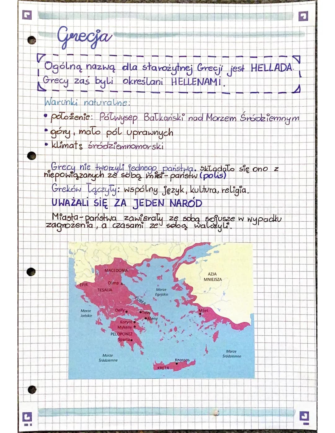 # Grecja
Ogólną nazwą dla starożytnej Grecji jest HELLADA
Grecy zaś byli określani HELLENAMI.
Warunki naturalne:
* położenie: Półwysep