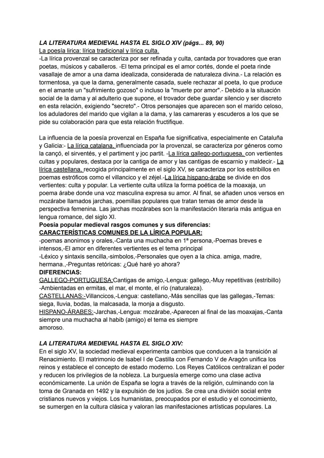 # LA LITERATURA MEDIEVAL HASTA EL SIGLO XIV (págs... 89, 90)
La poesía lirica: lírica tradicional y lírica culta.
-La lírica provenzal se ca