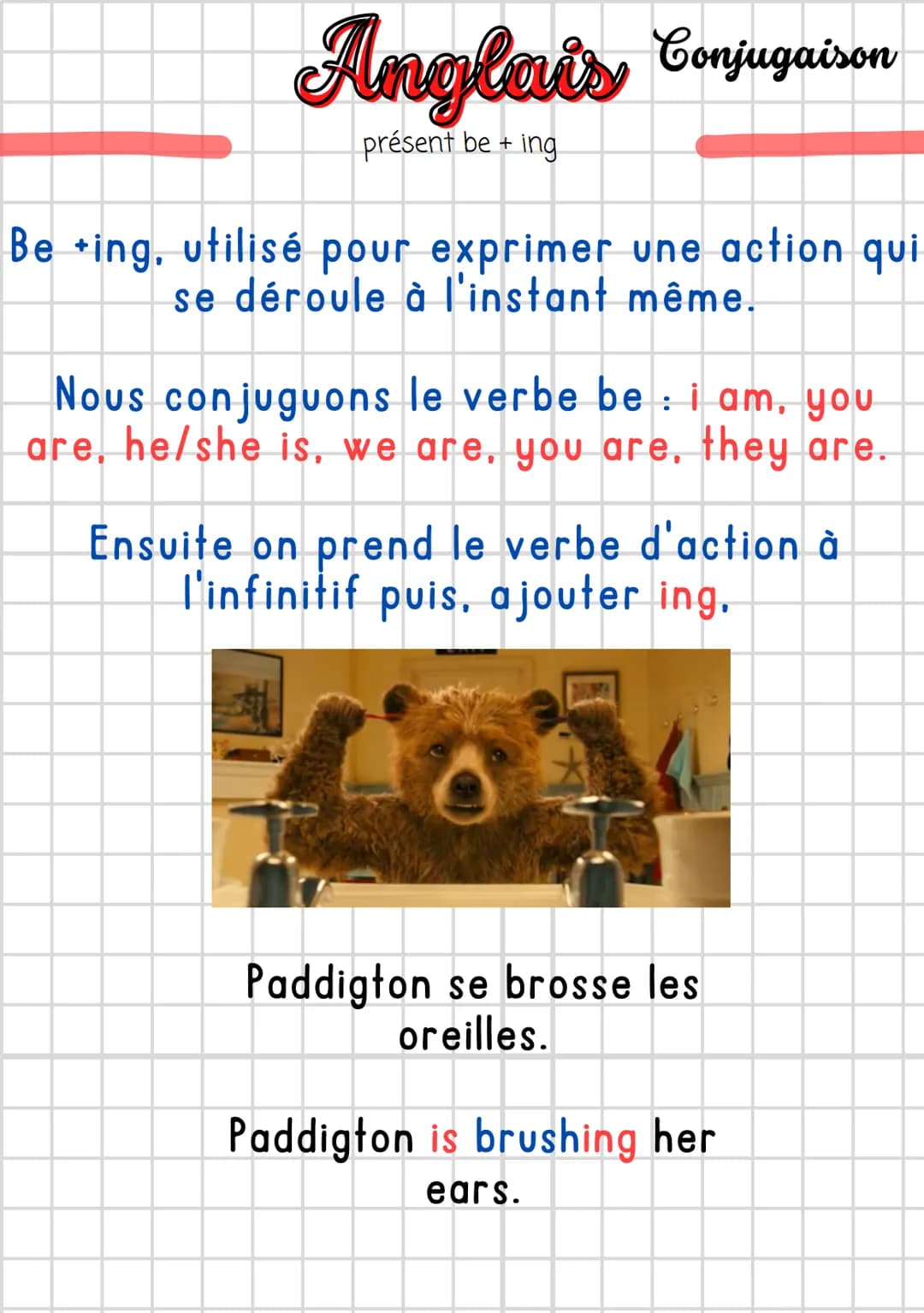 Anglais Conjugaison
présent be + ing
Be ting, utilisé pour exprimer une action qui
se déroule à l'instant même.
Nous conjuguons le verbe b
