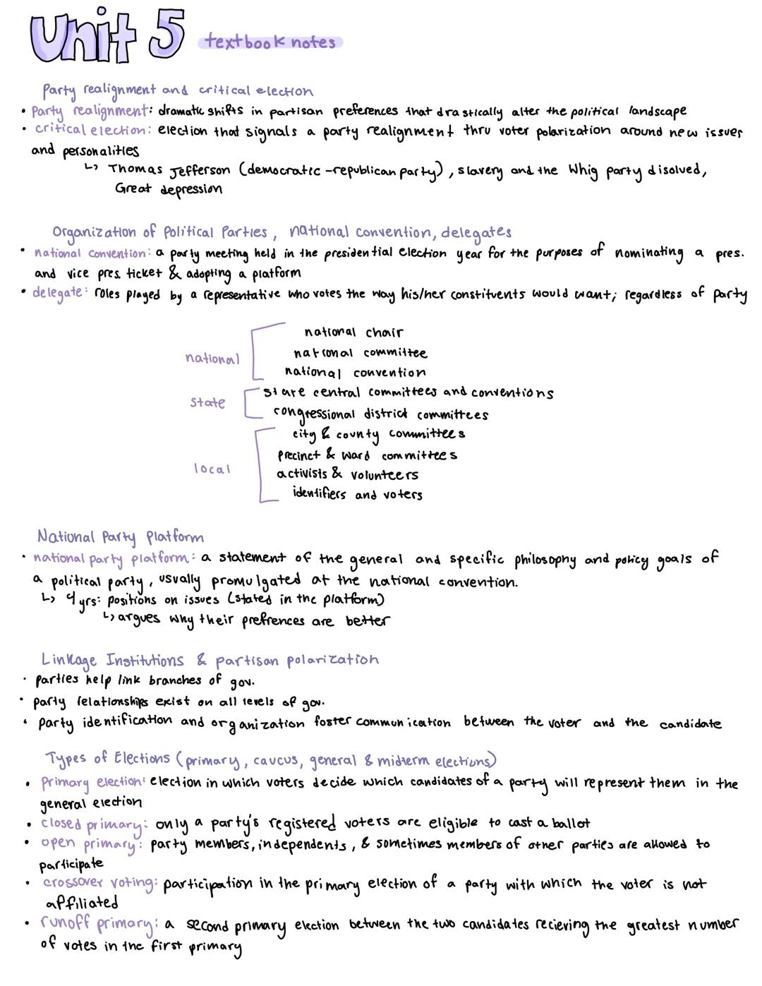 Unit 5
text book notes
Party realignment and critical election
• Party realignment: dramatic shifts in partisan preferences that drasticall