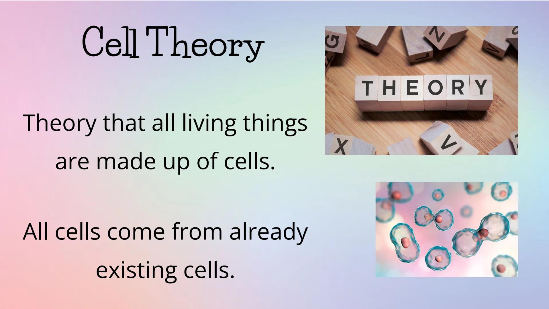 # THE CELL CYCLE
The life and reproduction of a cell. G
# Cell Theory
Theory that all living things
are made up of cells.
All cells come f