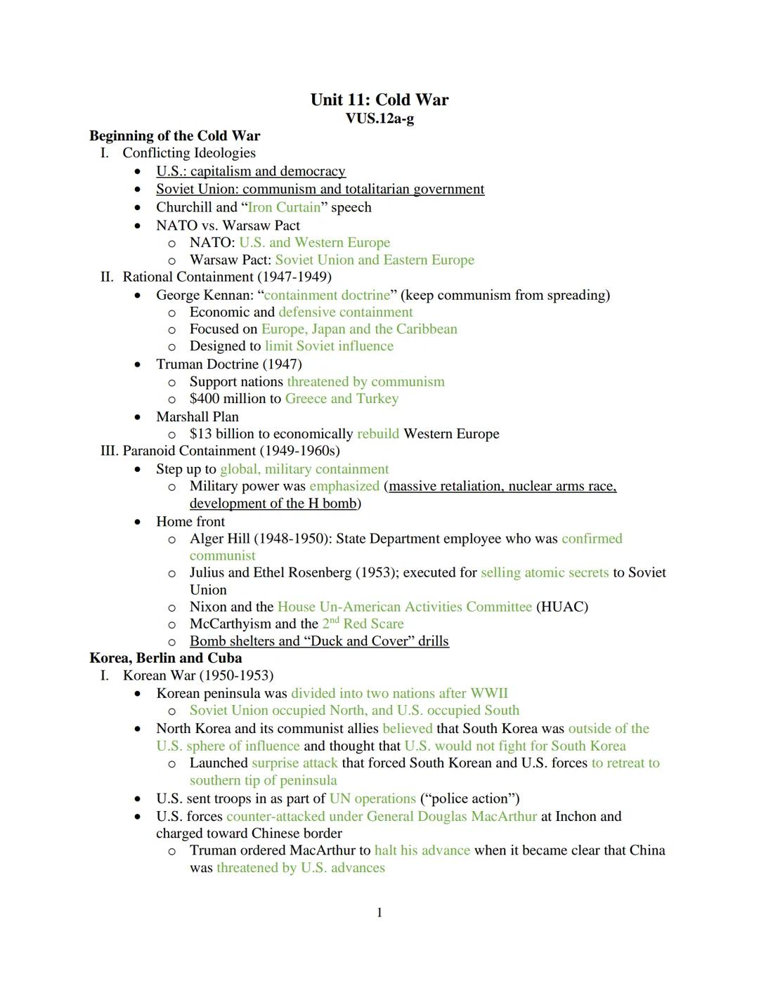 Beginning of the Cold War
Unit 11: Cold War
VUS.12a-g
I. Conflicting Ideologies
* U.S.: capitalism and democracy
* Soviet Union: communi
