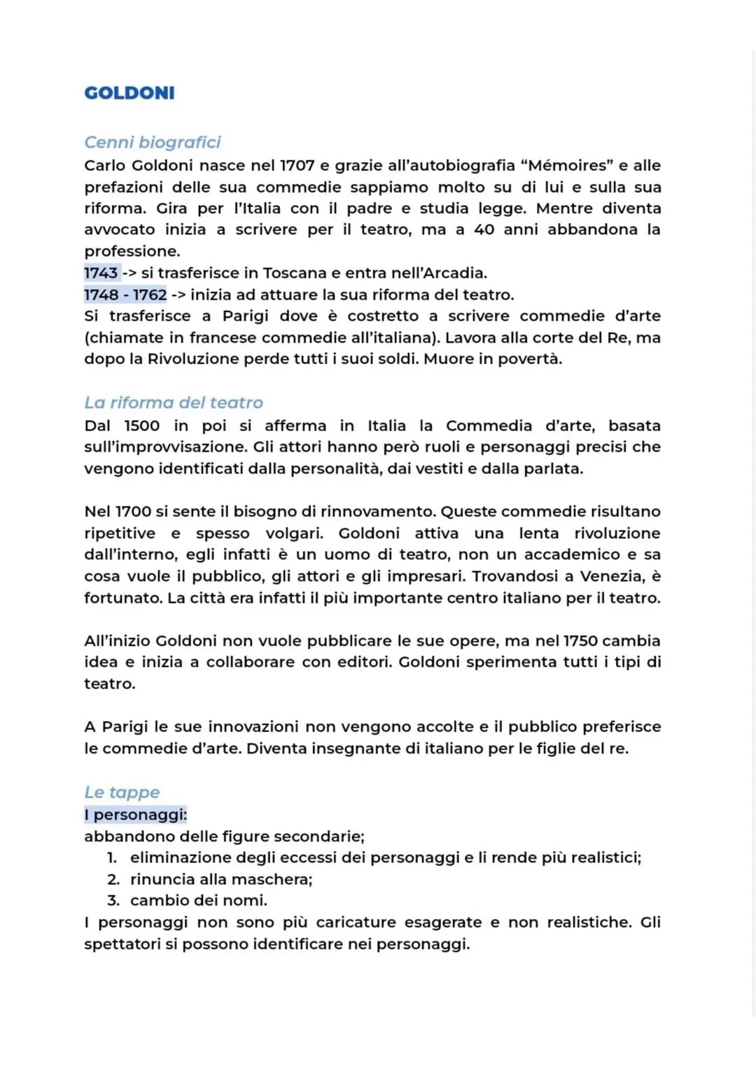 # GOLDONI
Cenni biografici
Carlo Goldoni nasce nel 1707 e grazie all'autobiografia "Mémoires" e alle
prefazioni delle sua commedie sappiamo