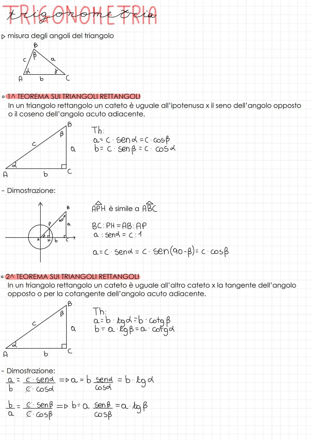 # trigonometria
▷ misura degli angoli del triangolo
C
B
A
b
C
• 1A TEOREMA SUI TRIANGOLI RETTANGOLI
In un triangolo rettangolo un cat