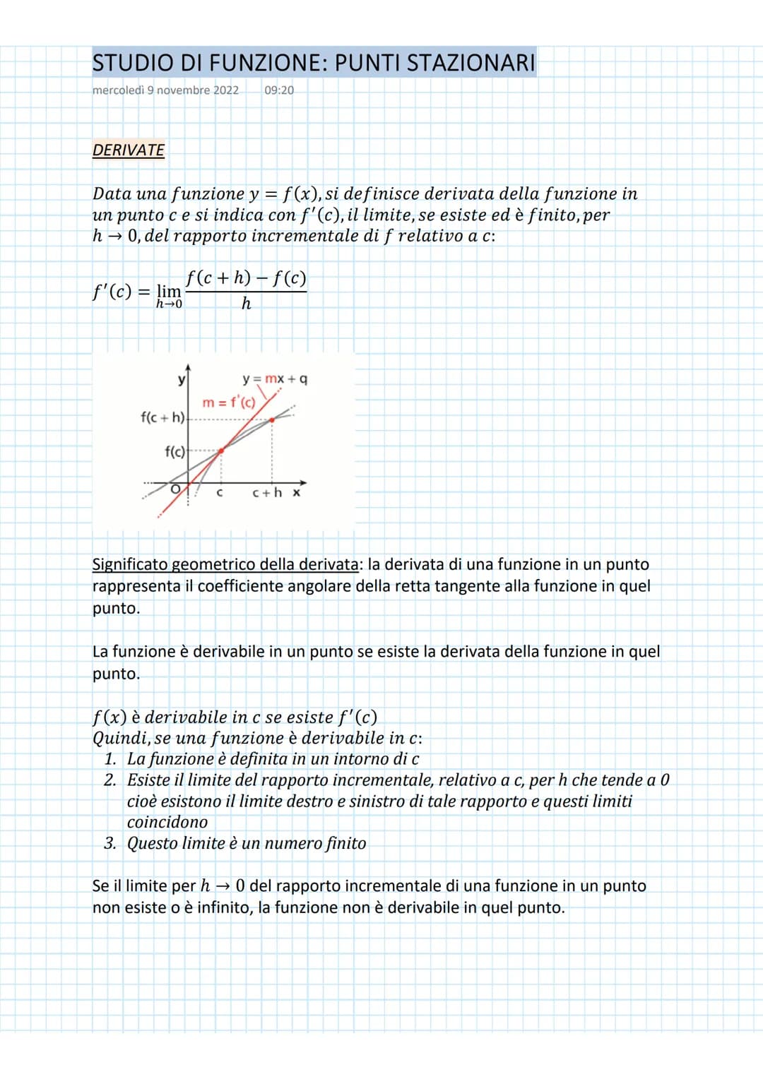 # STUDIO DI FUNZIONE: PUNTI STAZIONARI
mercoledi 9 novembre 2022 09:20
DERIVATE
Data una funzione y = f(x), si definisce derivata della fun