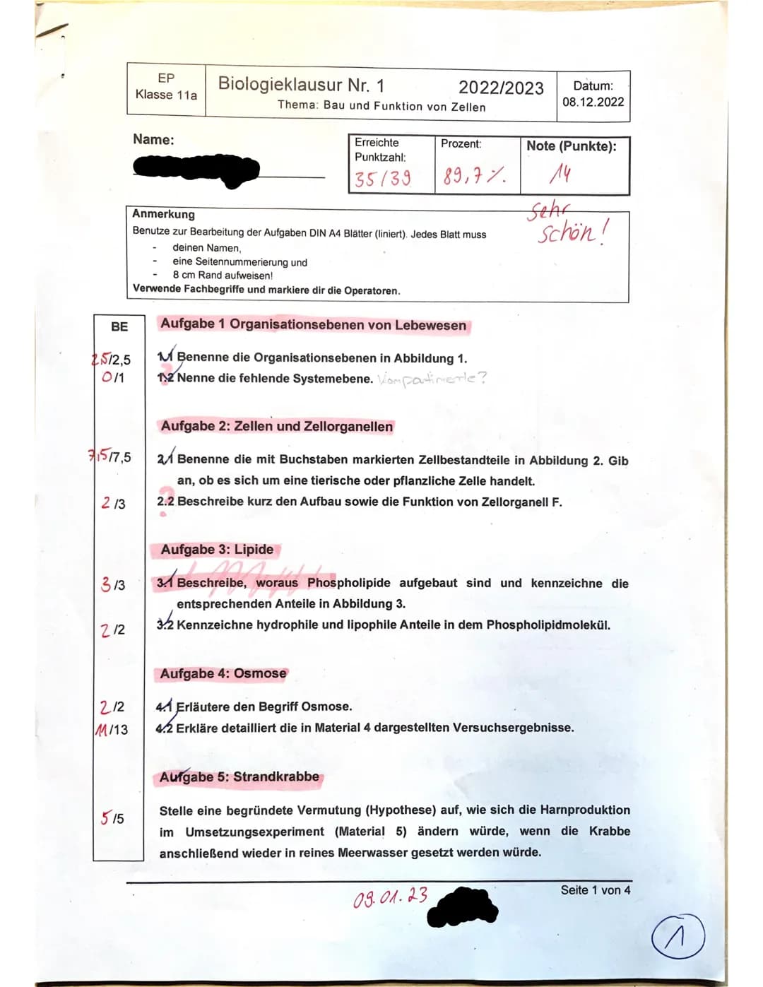 Altklausur (14 Punkte)
Biologie 11.1
Thema:
Bau und Funktion von
Zellen
→Mit Aufgaben, Materialien
und von einer Lehrkraft
korrigierten Lösu