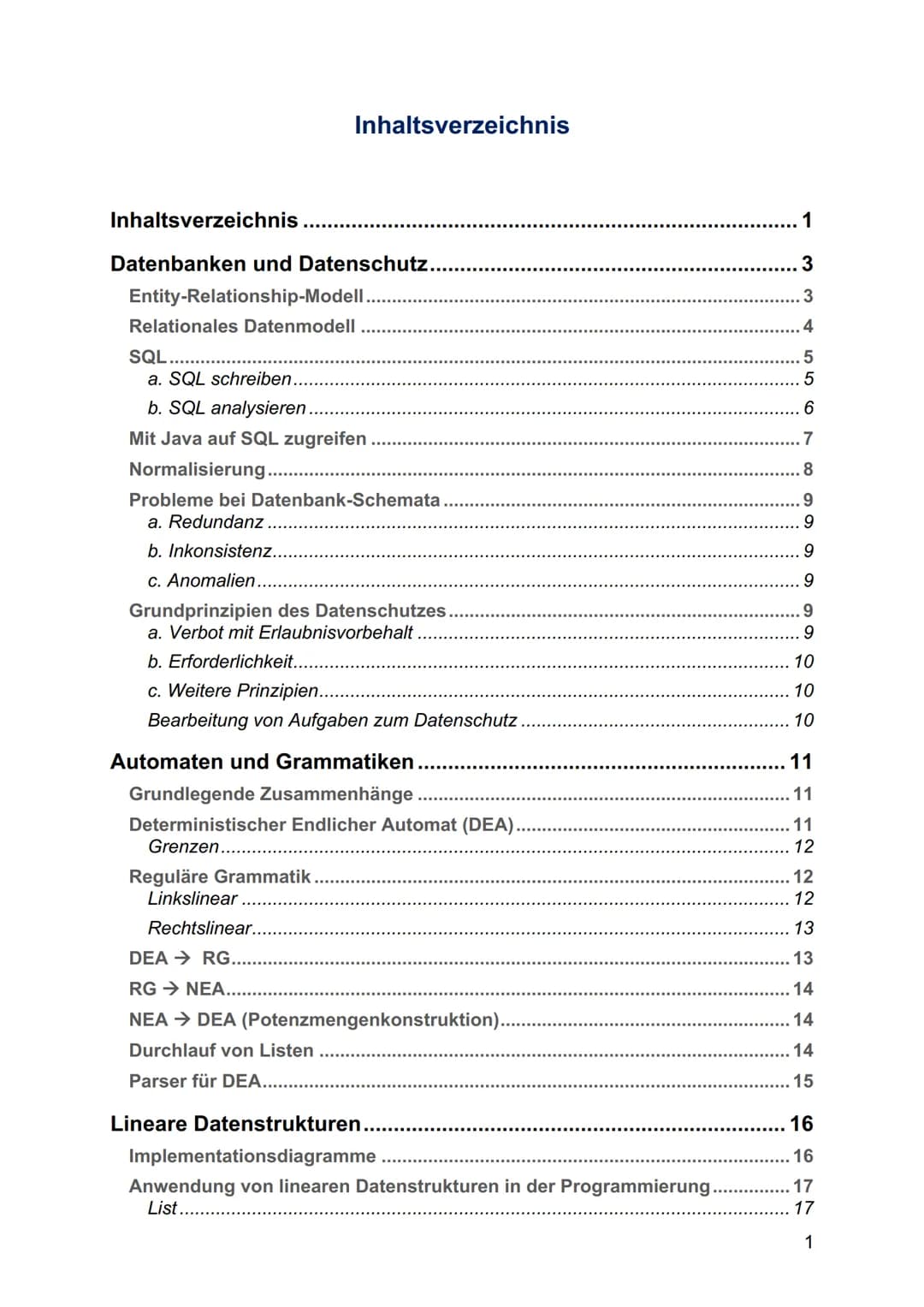 # INFORMATIK
# ABITUR
## LERNZETTEL Inhaltsverzeichnis
Inhaltsverzeichnis ................................................................