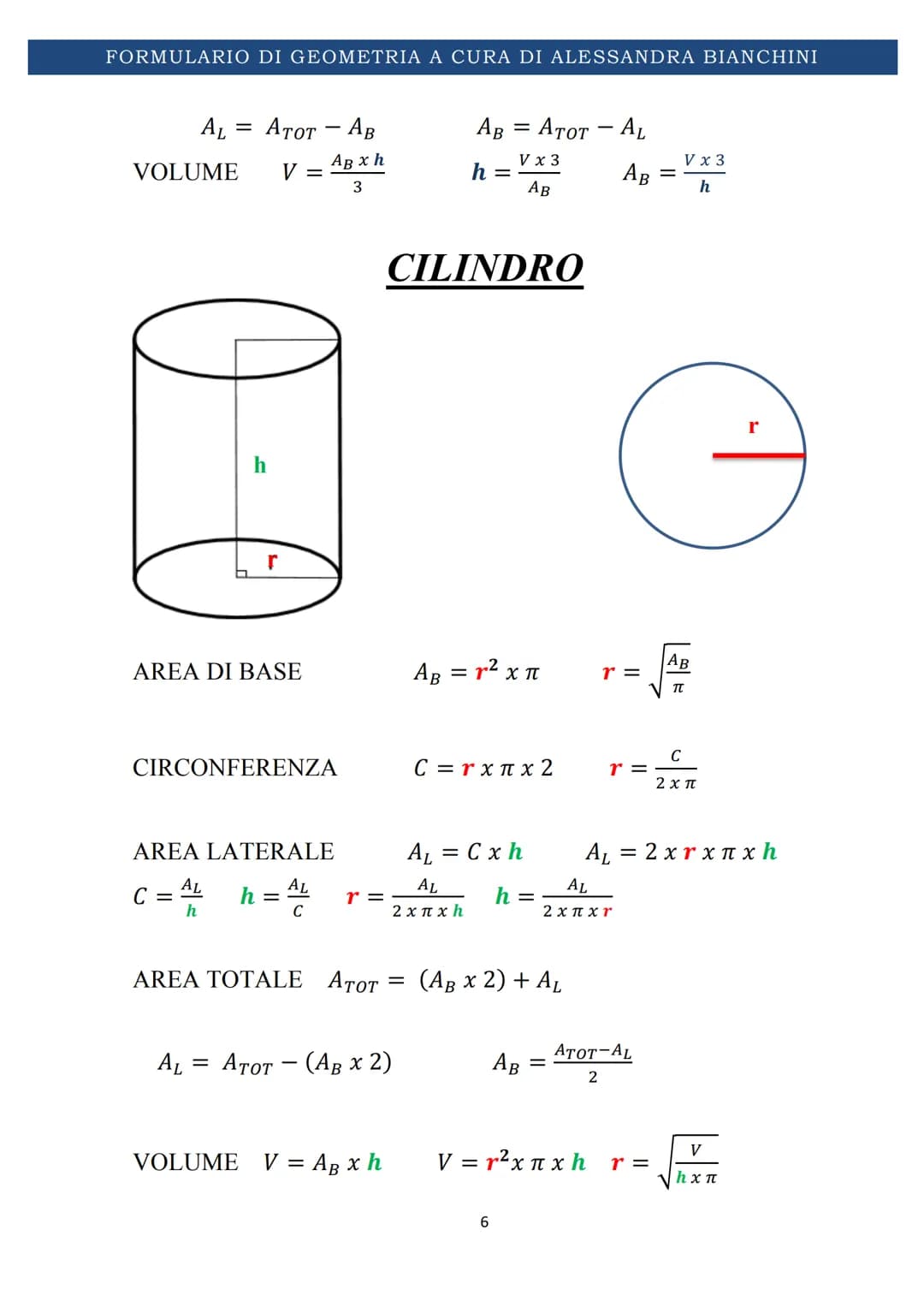 # FORMULARIO DI GEOMETRIA A CURA DI ALESSANDRA BIANCHINI
# FORMULARIO DI
# GEOMETRIA SOLIDA
1 FORMULARIO DI GEOMETRIA A CURA DI ALESSANDRA