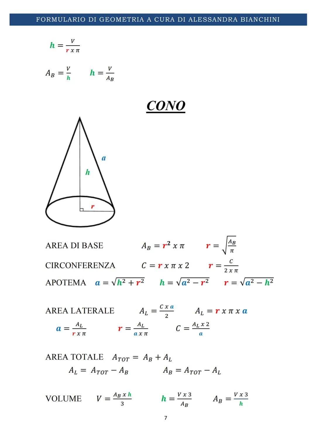 # FORMULARIO DI GEOMETRIA A CURA DI ALESSANDRA BIANCHINI
# FORMULARIO DI
# GEOMETRIA SOLIDA
1 FORMULARIO DI GEOMETRIA A CURA DI ALESSANDRA