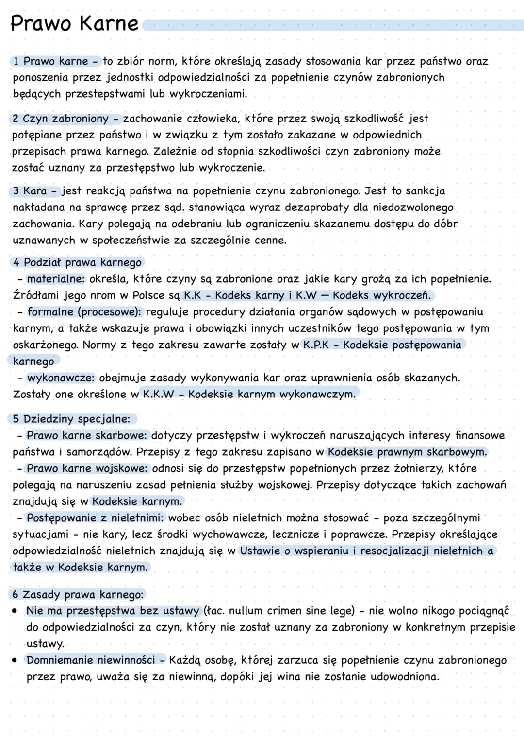 # Prawo Karne
1 Prawo karne to zbiór norm, które określają zasady stosowania kar przez państwo oraz
ponoszenia przez jednostki odpowiedzial