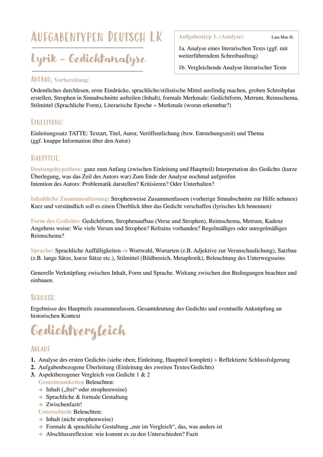 # AUFGABENTYPEN DEUTSCH LK
# Lyrik - Gedichtanalyse
## AUFBAU; Vorbereitung:
Aufgabentyp 1. (Analyse)
Lara Mae H.
la. Analyse eines lite