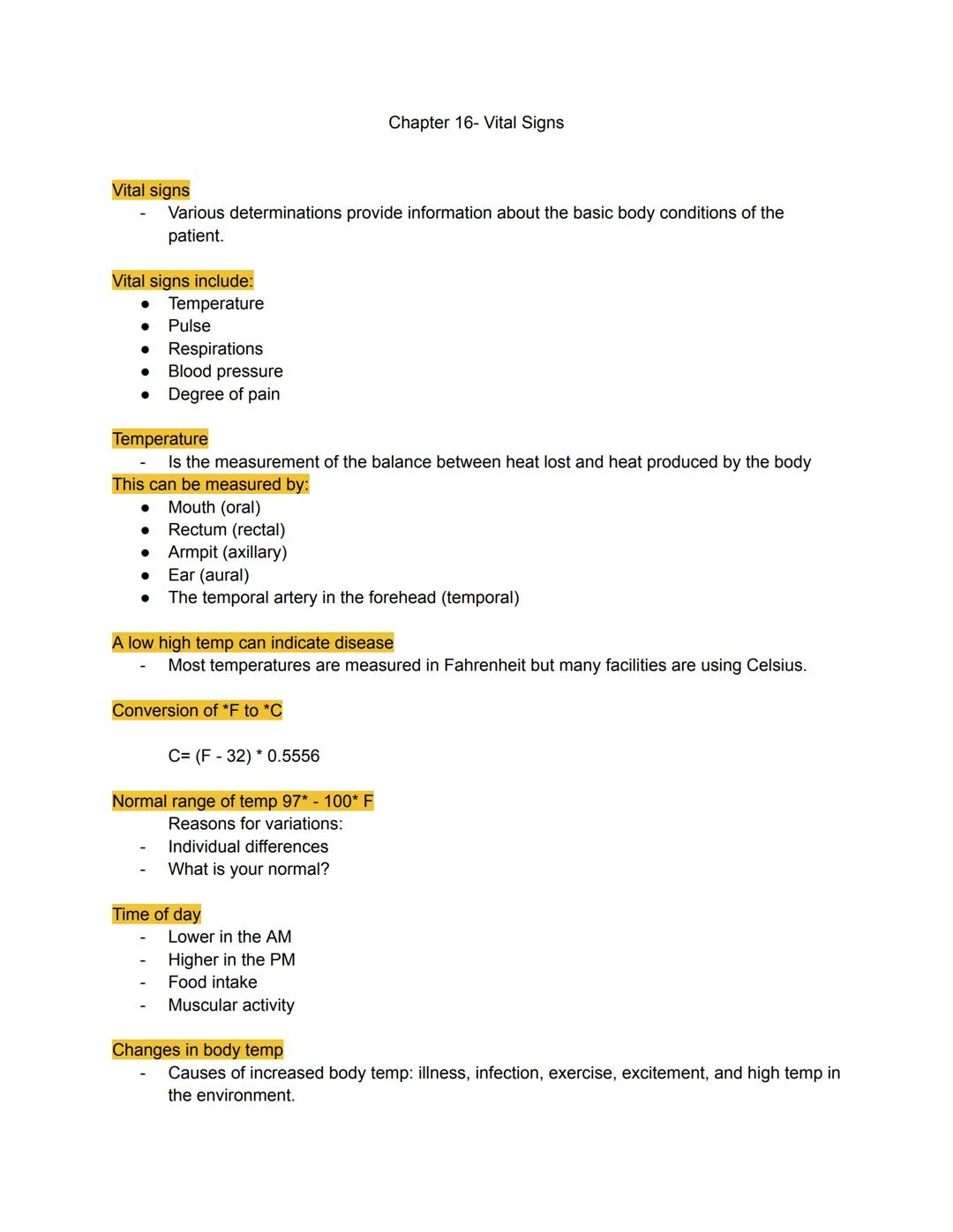 Chapter 16- Vital Signs
Vital signs
- Various determinations provide information about the basic body conditions of the
patient.
Vital sig