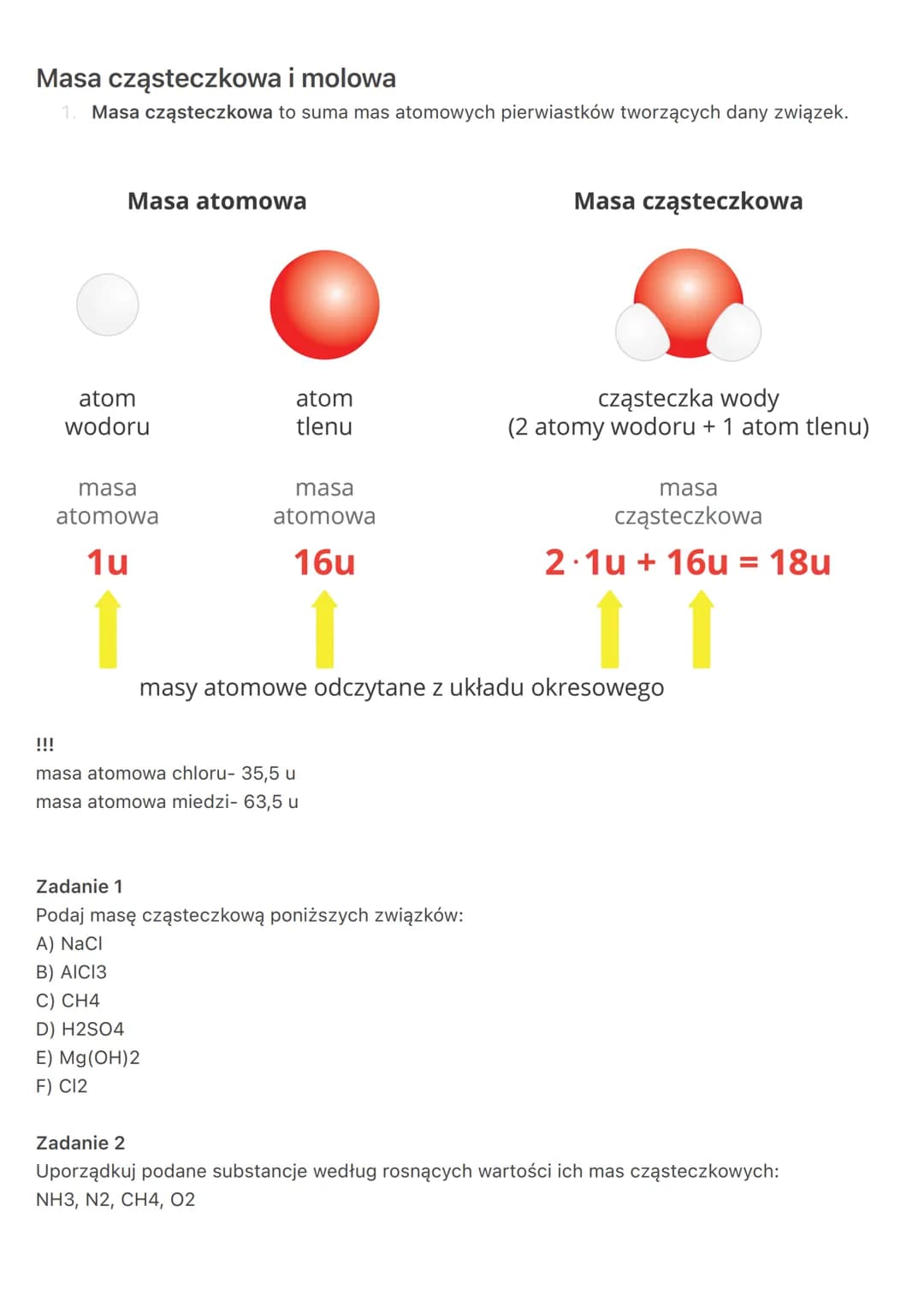 # Masa cząsteczkowa i molowa
1. Masa cząsteczkowa to suma mas atomowych pierwiastków tworzących dany związek.
# Masa atomowa
# Masa cząs