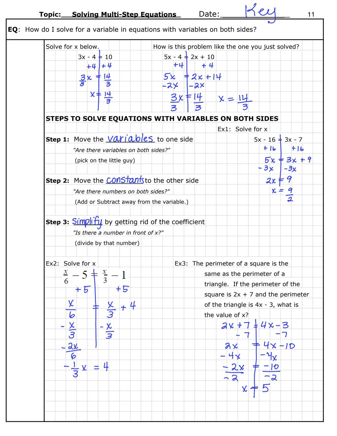 Name: Key
Date: Period:
Unit 2
Equations and
Inequalities with
Variables on Both
Sides # ONE-STEP EQUATIONS
Notes
ESSENTIAL QUESTION
How do