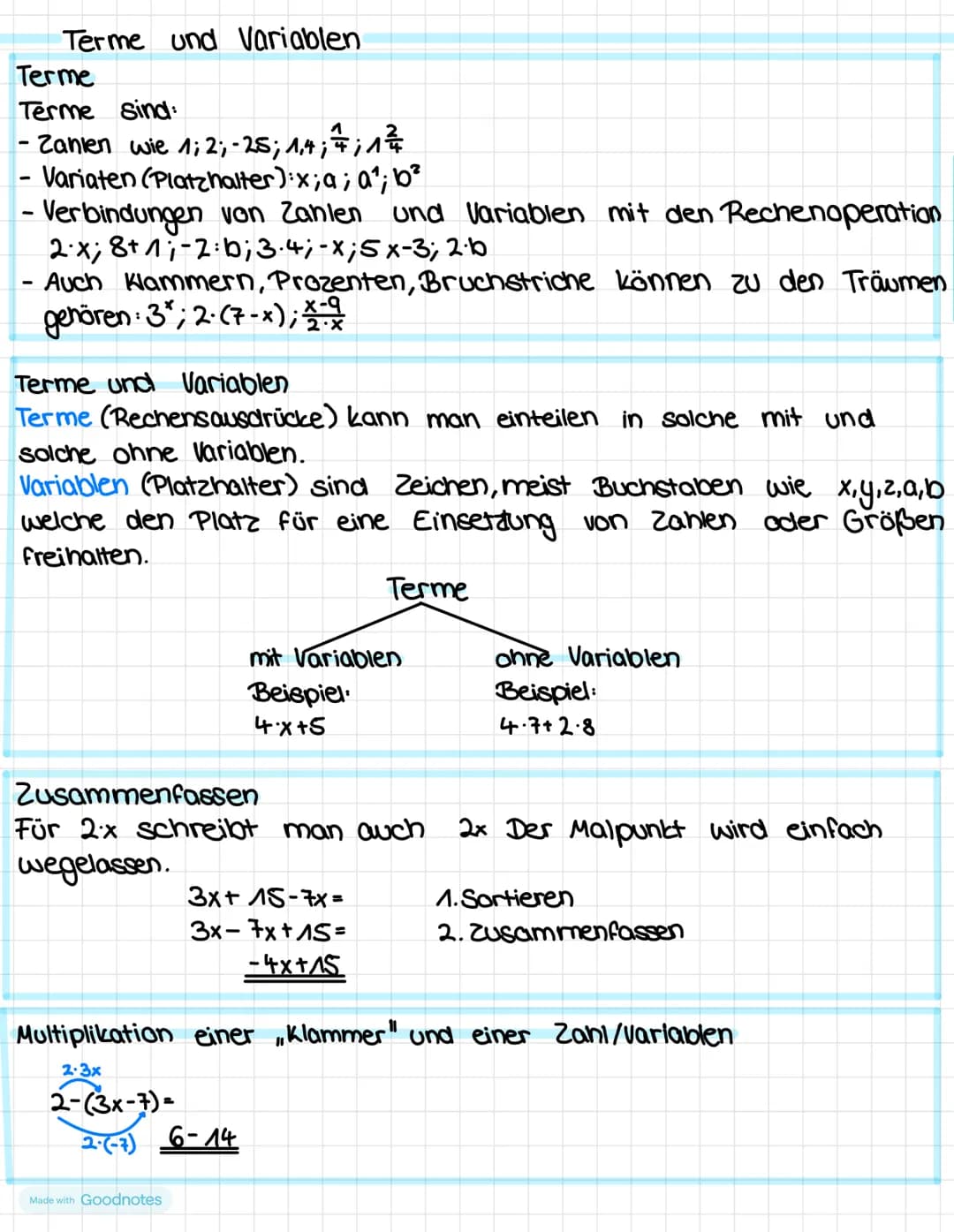 # Terme und Variablen
Terme
Terme sind:
- Zanien wie 1; 2; -25; 1,4; $\frac{1}{4}$; $1\frac{1}{2}$
- Variaten (Platzhalter):x; a; $a^2$; $b^