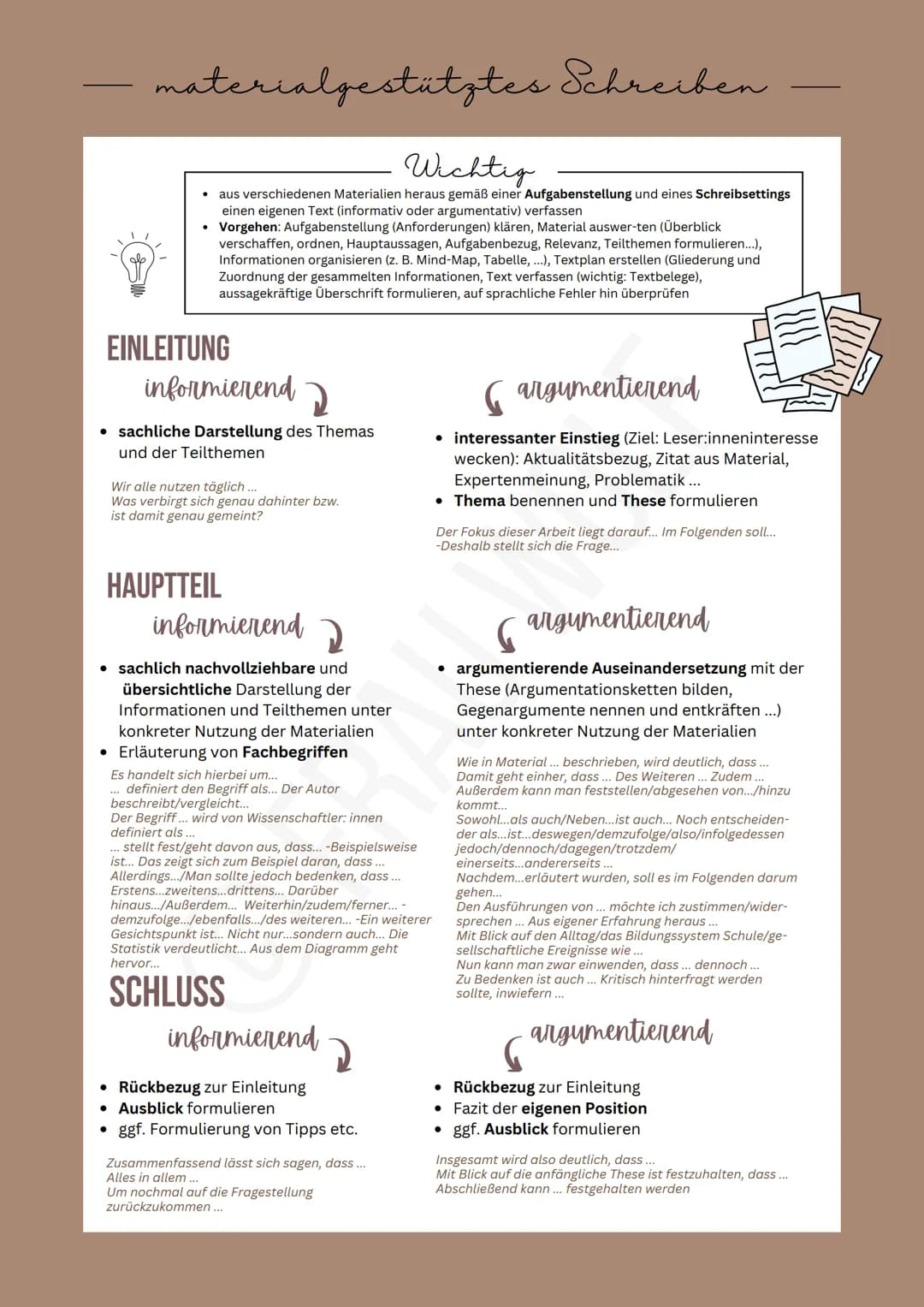 - materialgestütztes Schreiben
# Wichtig
- aus verschiedenen Materialien heraus gemäß einer Aufgabenstellung und eines Schreibsettings
- e