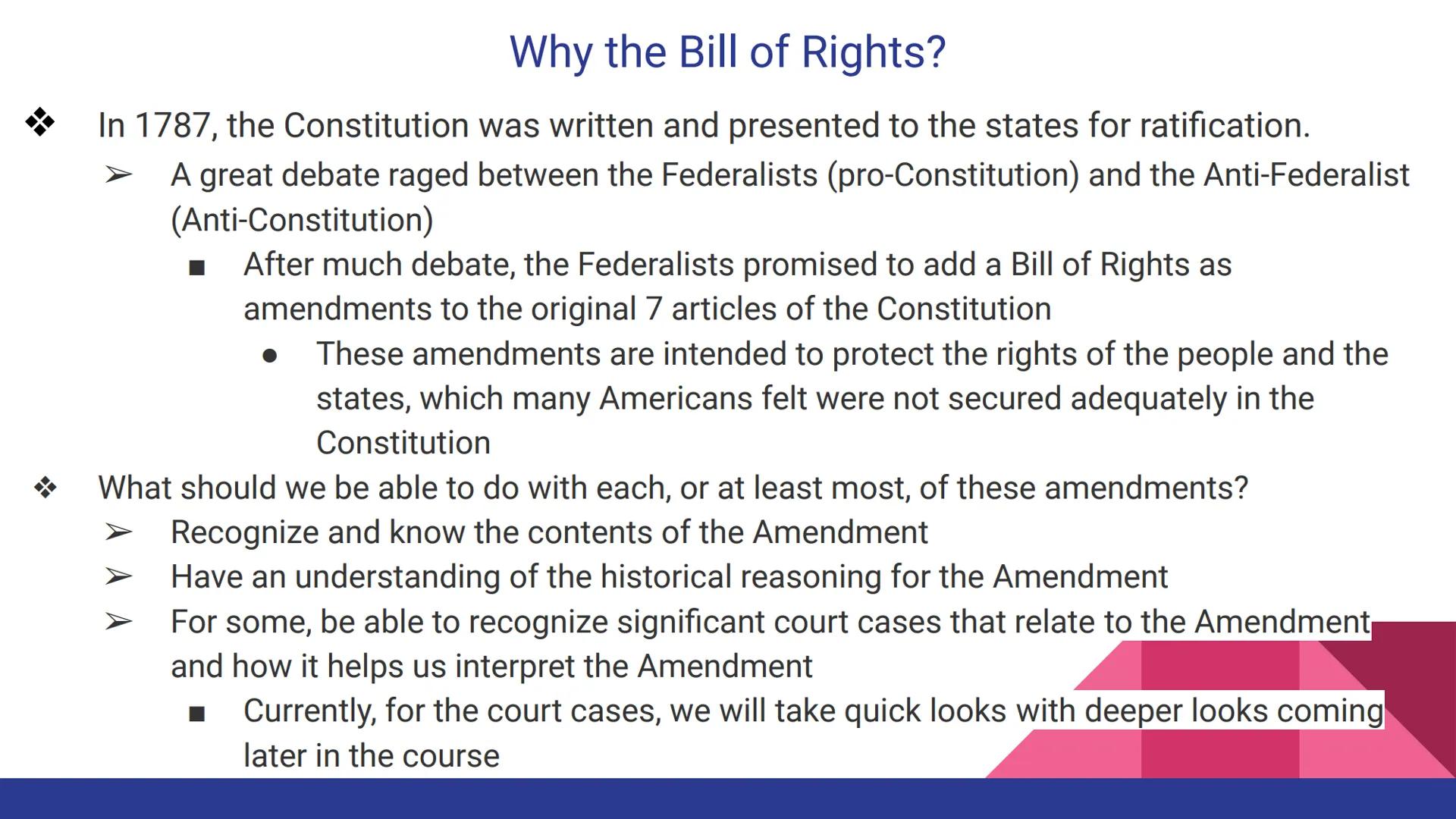 # Constitutional Amendments
Amendments 1-10
"The Bill of Rights" # Why the Bill of Rights?
* In 1787, the Constitution was written and