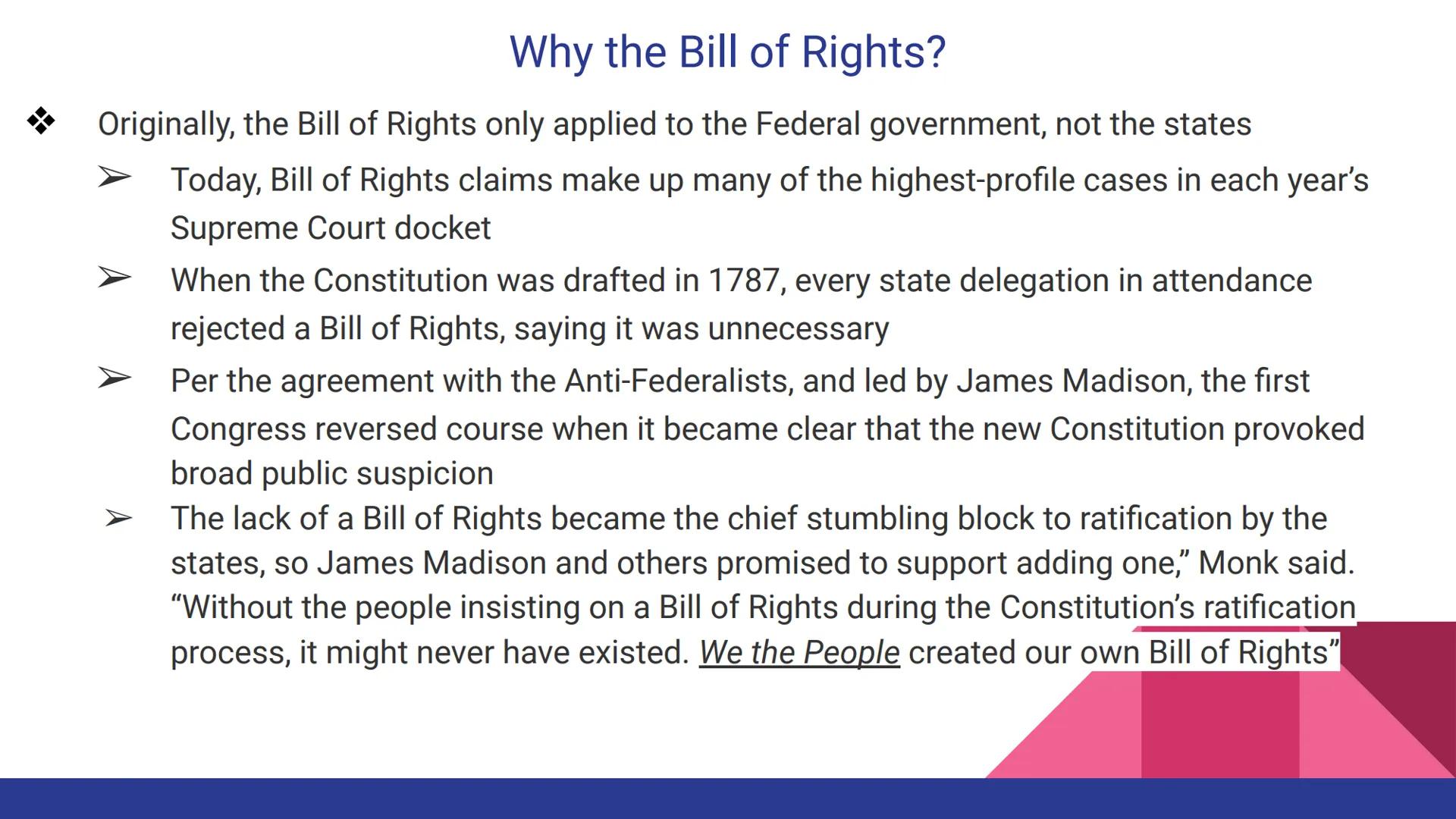 # Constitutional Amendments
Amendments 1-10
"The Bill of Rights" # Why the Bill of Rights?
* In 1787, the Constitution was written and
