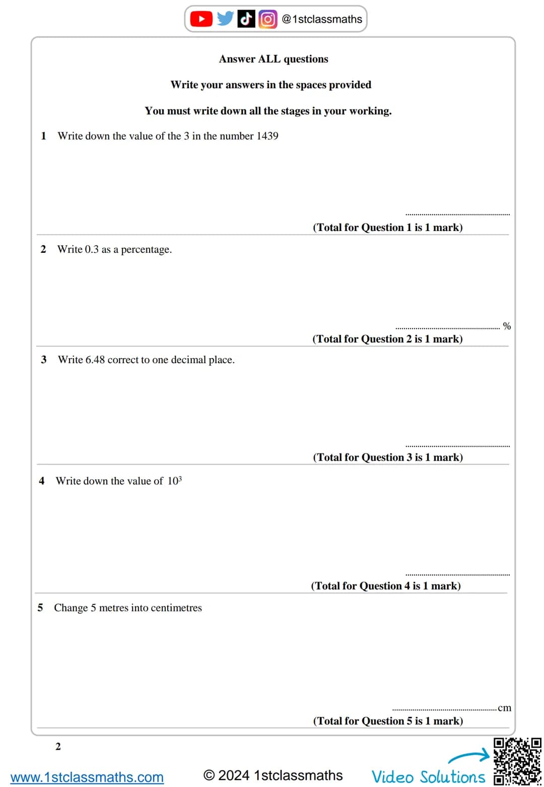 # 1st Class
Maths
Video Solutions
PRACTICE PAPER FOR
Edexcel Paper 1F
(June 2024)
Disclaimer
SCAN ME
This paper has been created based
