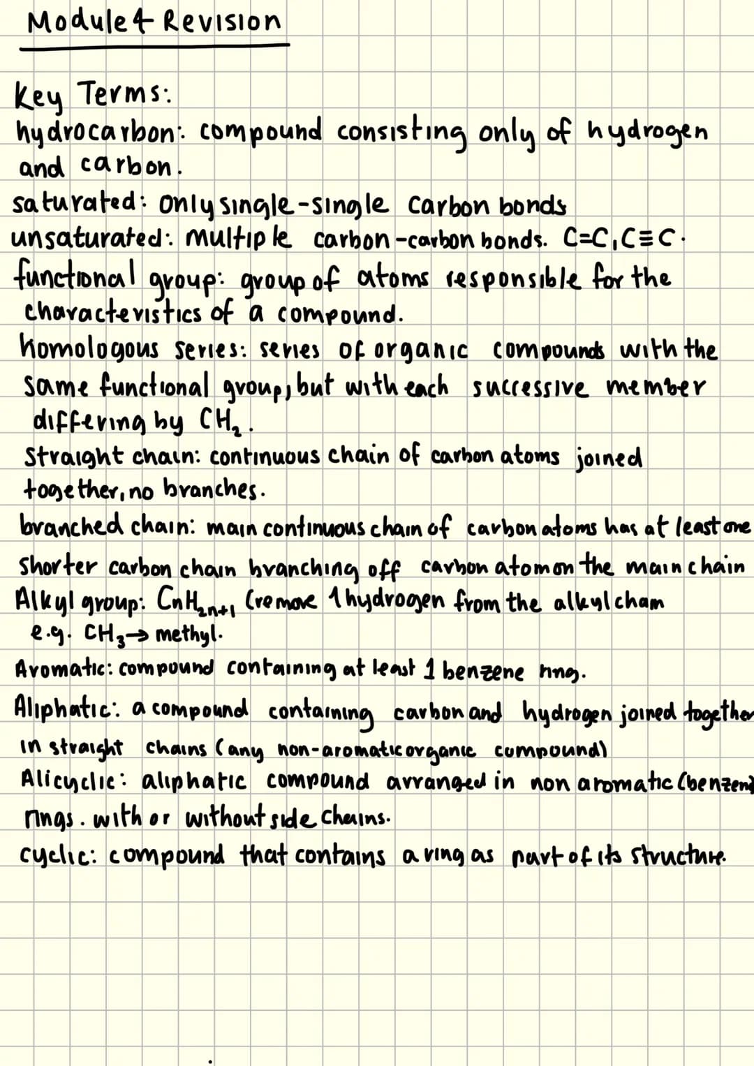 Module 4
OCR Chemistry # Module 4 Revision
Key Terms:
hydrocarbon: compound consisting only of hydrogen
and carbon.
saturated: Only single-